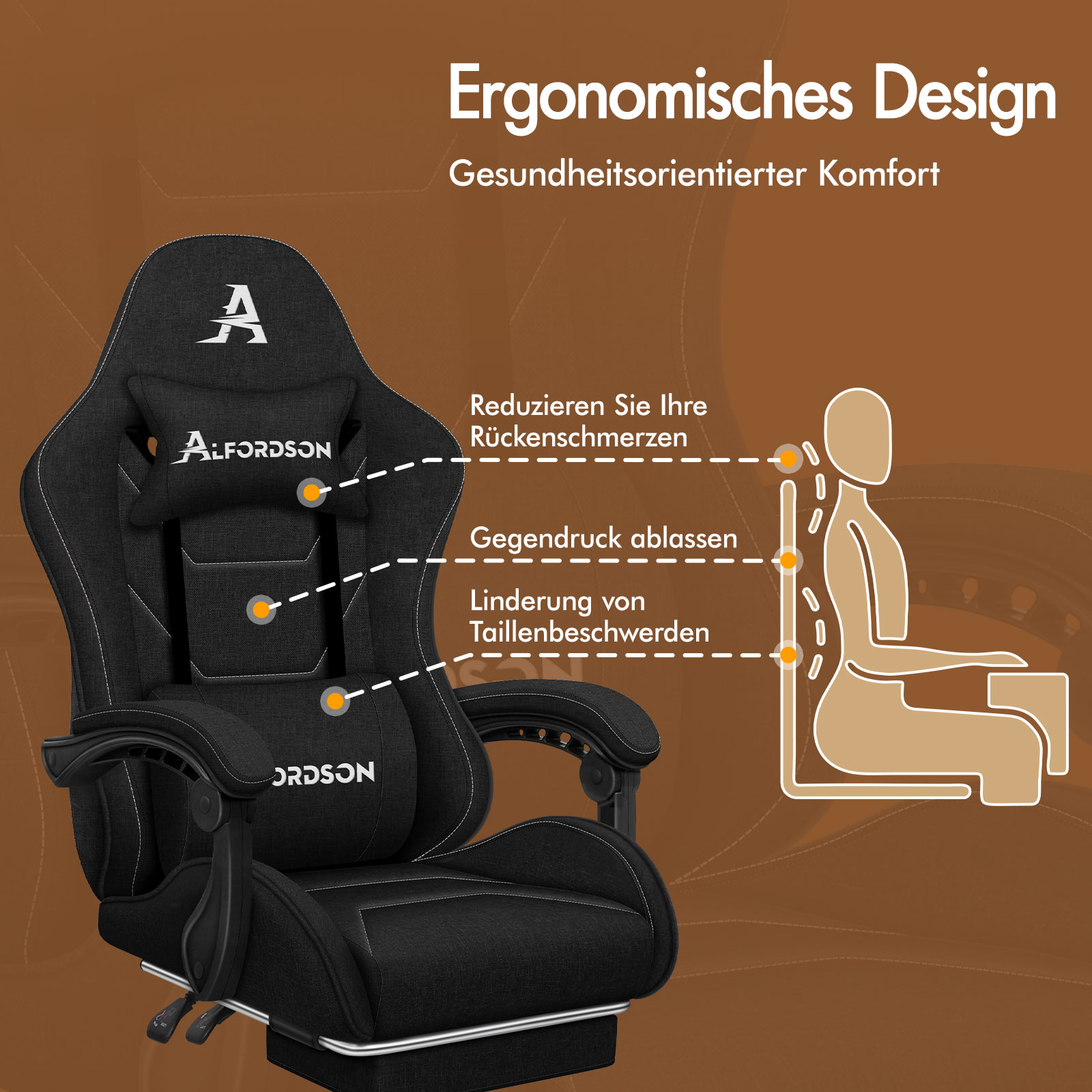 Schwarzer Bürostuhl mit ergonomischem Design, der Rückenschmerzen lindert.