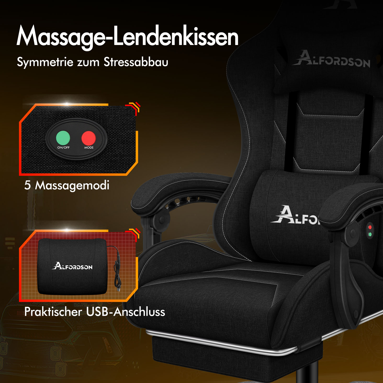 Schwarzer Massagesessel mit Lendenkissen, Bedienelementen und USB-Anschluss.