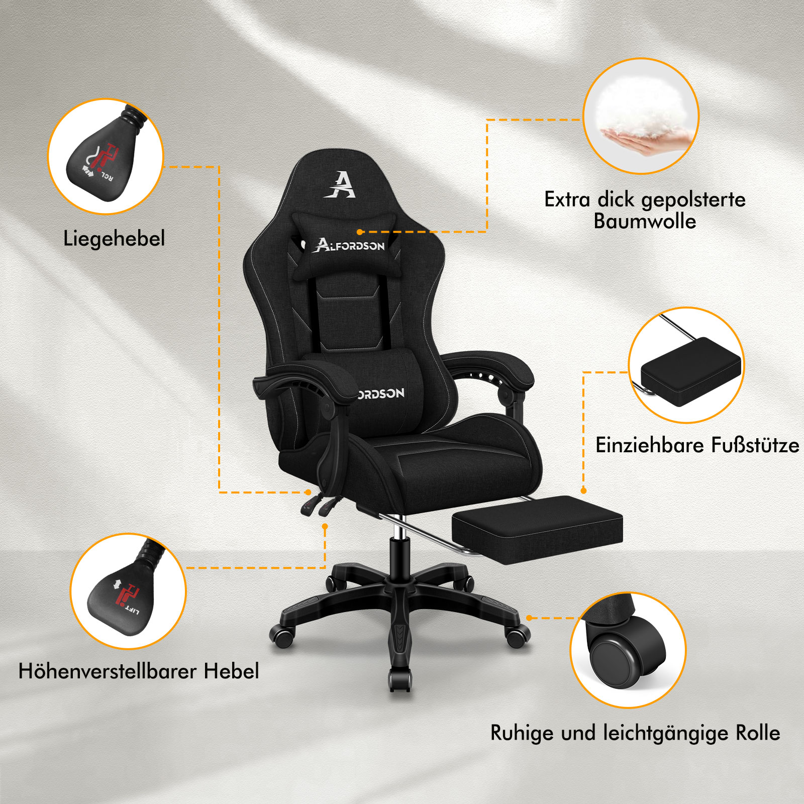 Ein schwarzer Gaming-Stuhl mit verstellbaren Hebeln, Fußstütze und Rollen.