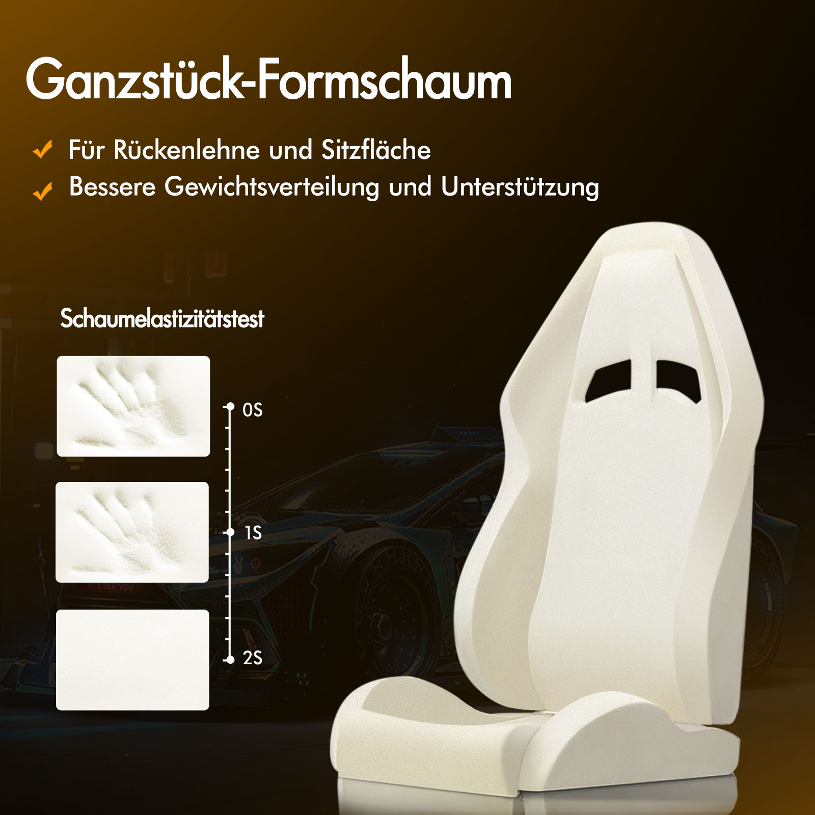 Ein weißer Schaumstoffsitz mit drei Schaumelastizitätstests.