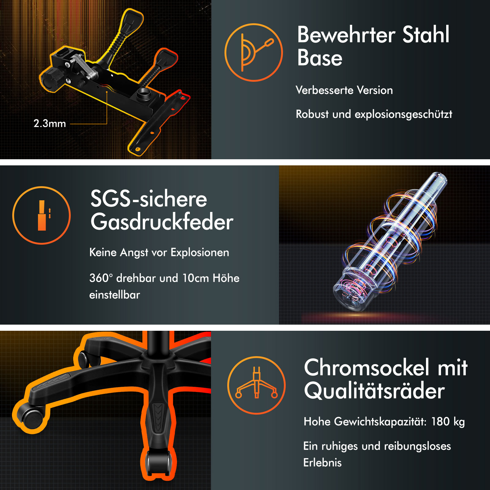 Stuhlteile: Stahlbasis, Gasfeder, Chromsockel mit Rädern.