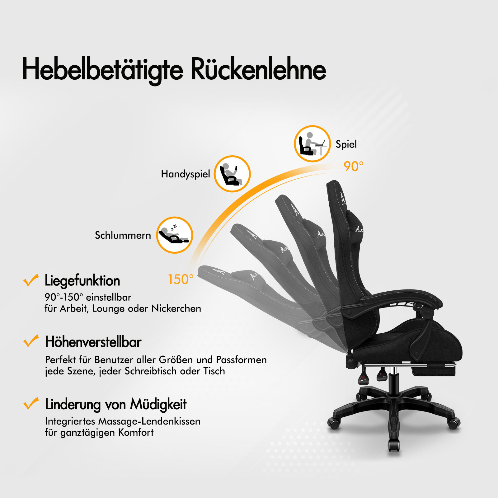 Ein schwarzer Bürostuhl mit verstellbarer Rückenlehne, die von aufrecht bis liegend reicht.