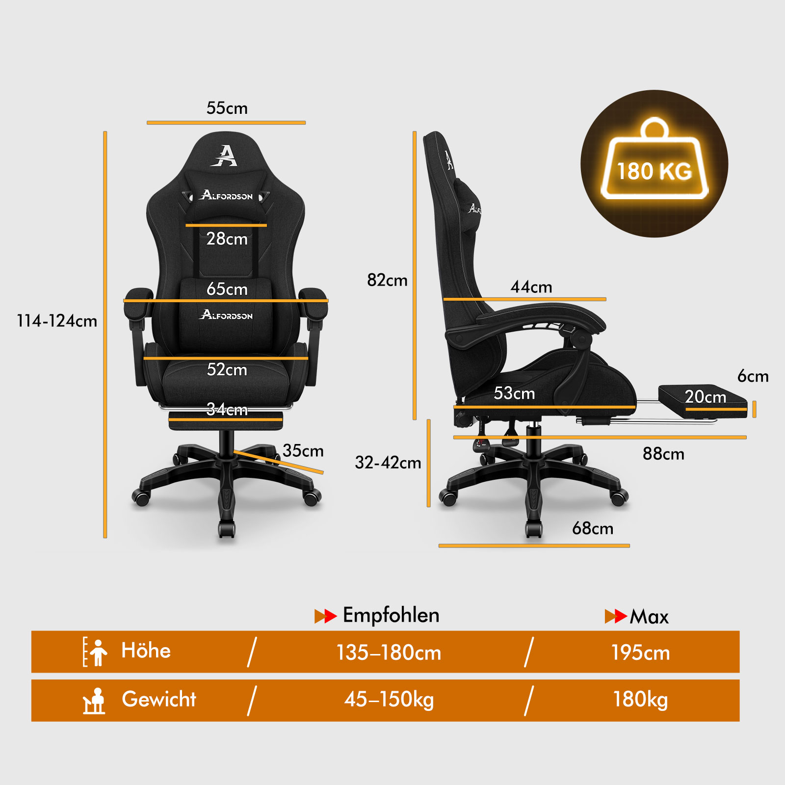 Schwarz-weiße Darstellung eines Gaming-Stuhls mit Maßen und einer Gewichtskapazität von 180 kg.