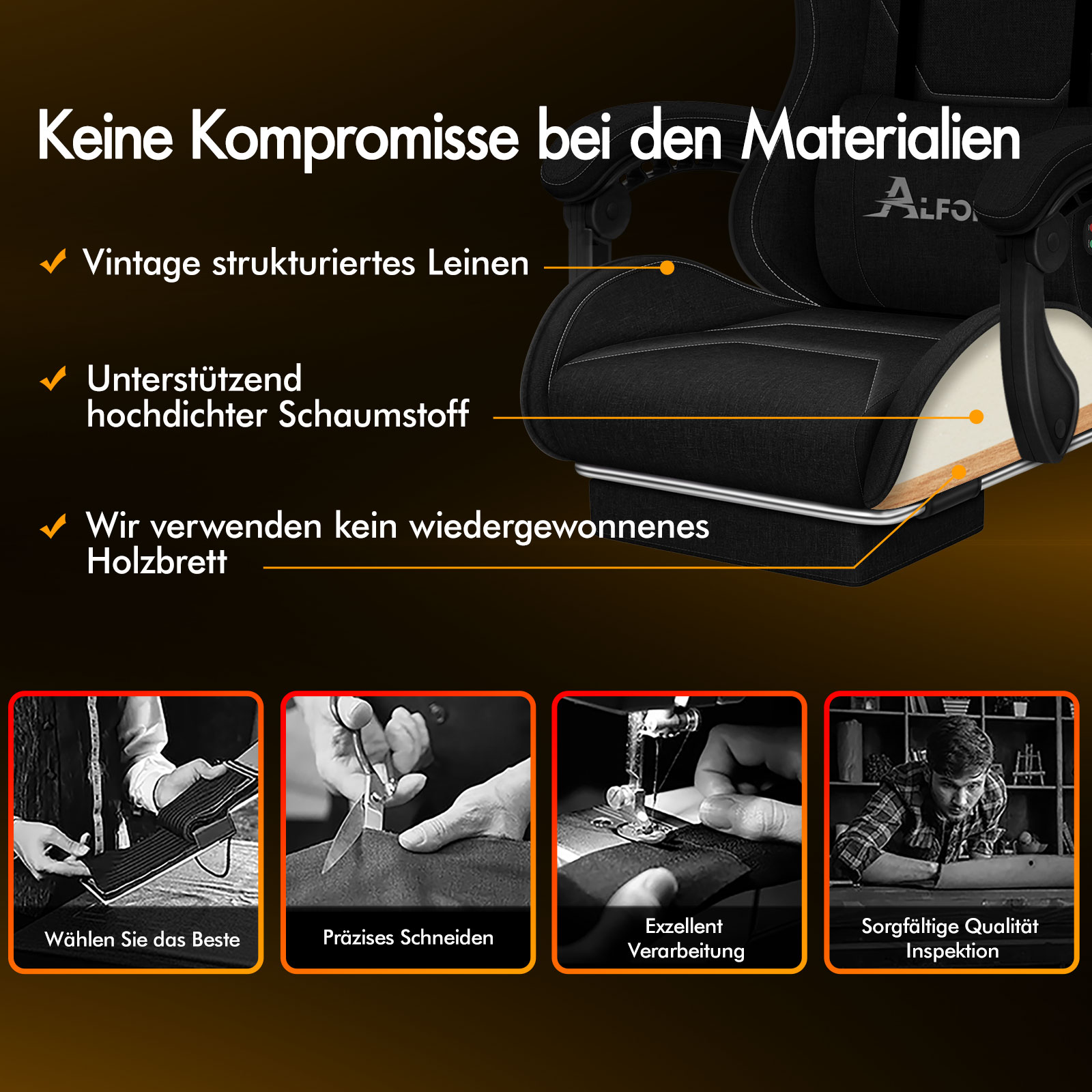 Ein schwarzer Bürostuhl mit Details zu Materialien und vier Bildern von Handwerk.