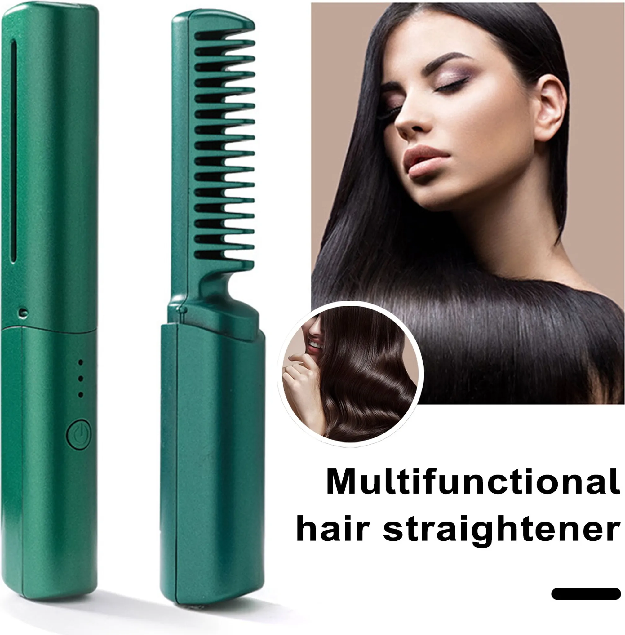 Ein grüner Haarglättungskamm und ein Teil einer Frau mit langen, dunklen Haaren.