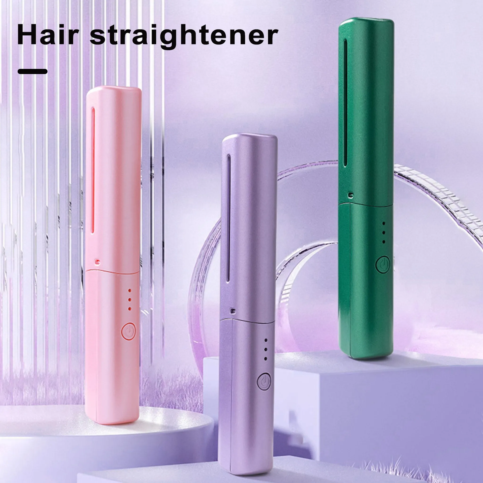Drei tragbare Haarglätter in Rosa, Lila und Grün stehen auf Podesten.