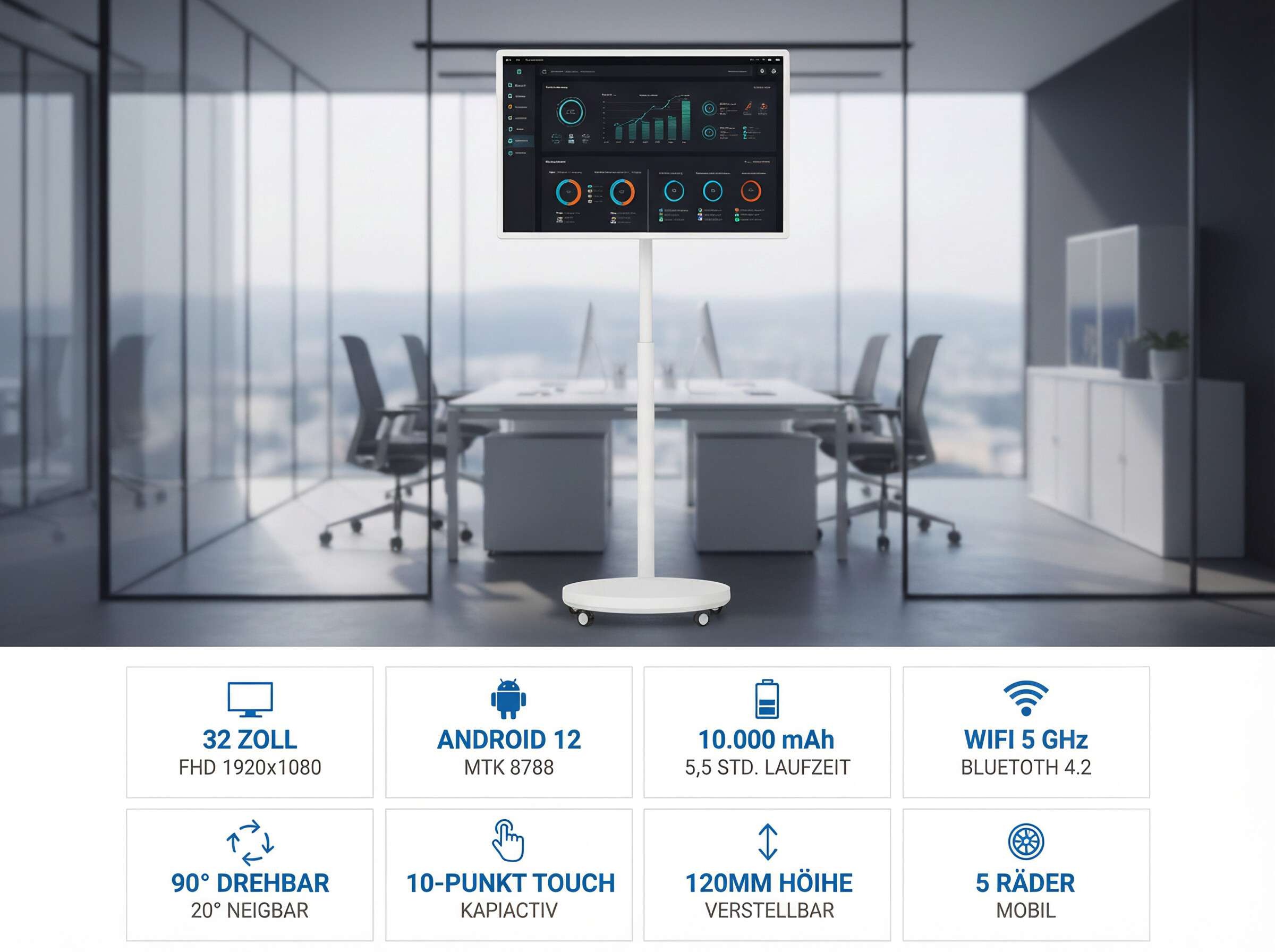 Ein Standfuß mit einem 32-Zoll-Android-12-Display mit Grafiken in einem modernen Büro.