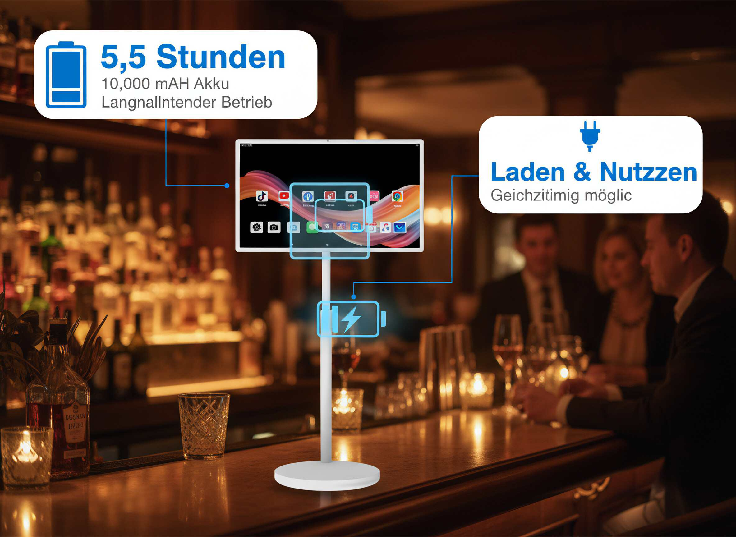 Ein Tablet steht an einer Bar, das 5,5 Std. Akkulaufzeit und Laden/Nutzen anzeigt.