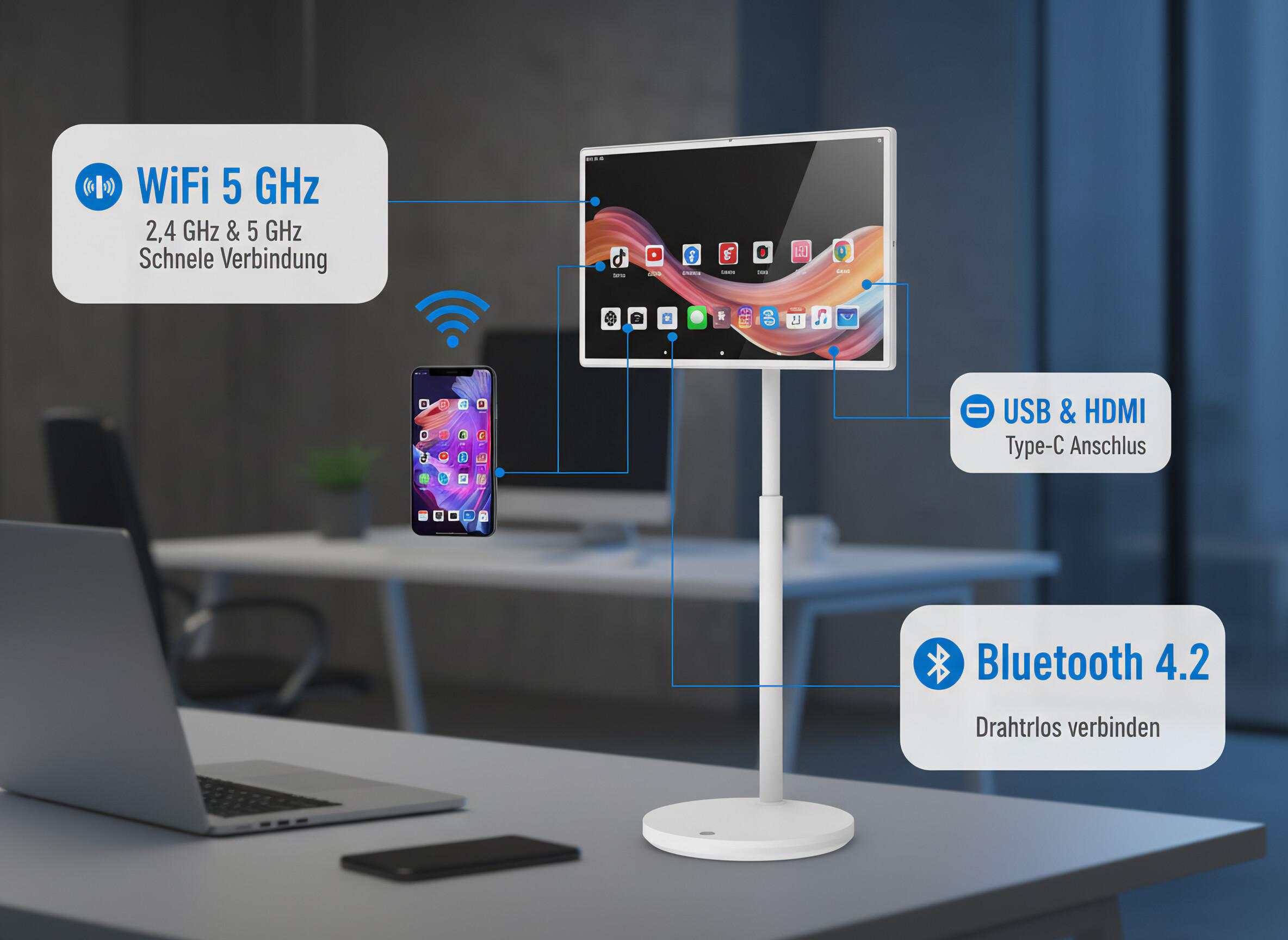 Ein Schreibtisch mit Laptop, Smartphone und einem Tablet-Ständer.