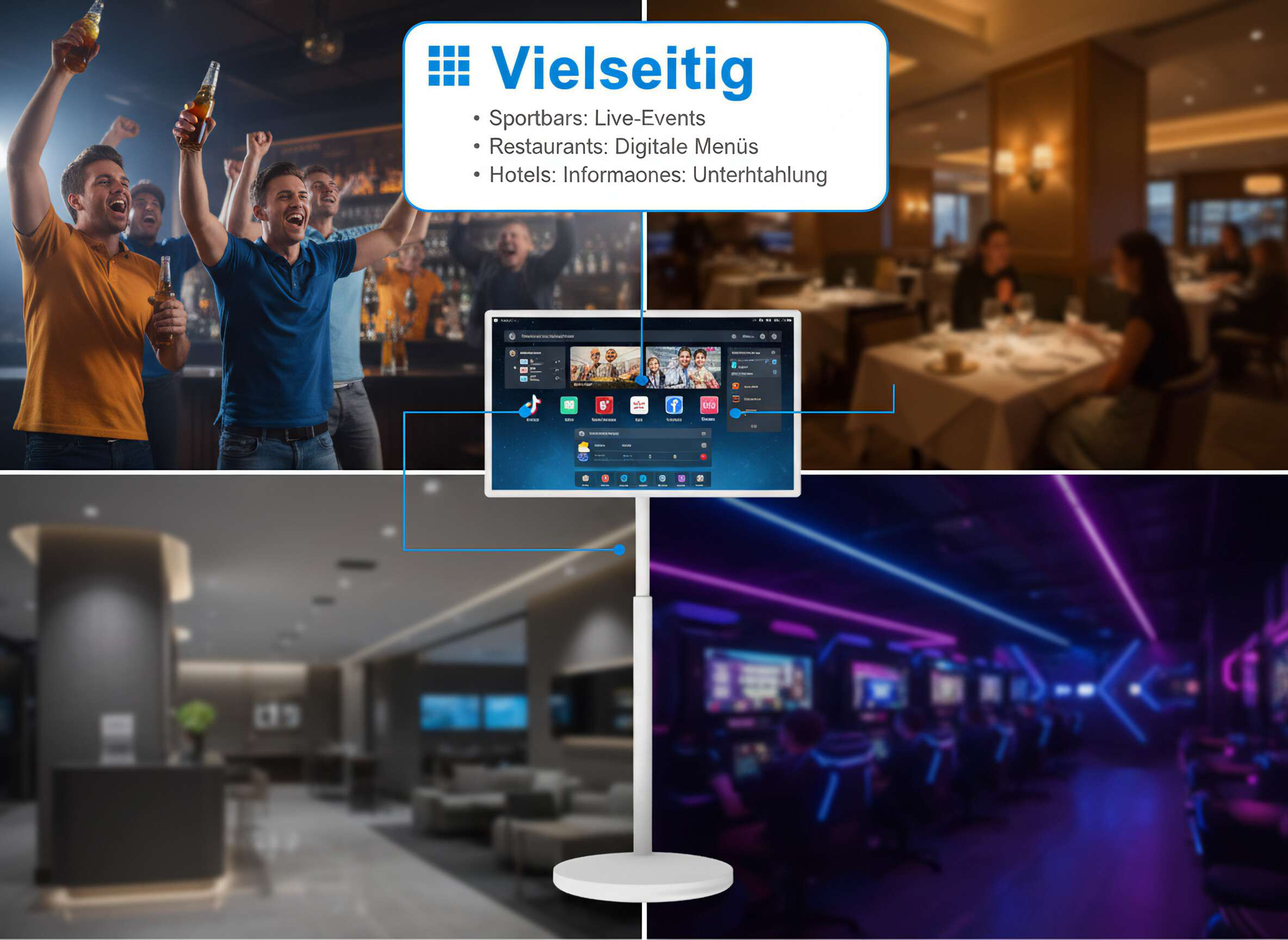 Vielseitig: Männer jubeln mit Bier, ein Tablet zeigt Apps, ein Restaurant und ein Gaming-Center.