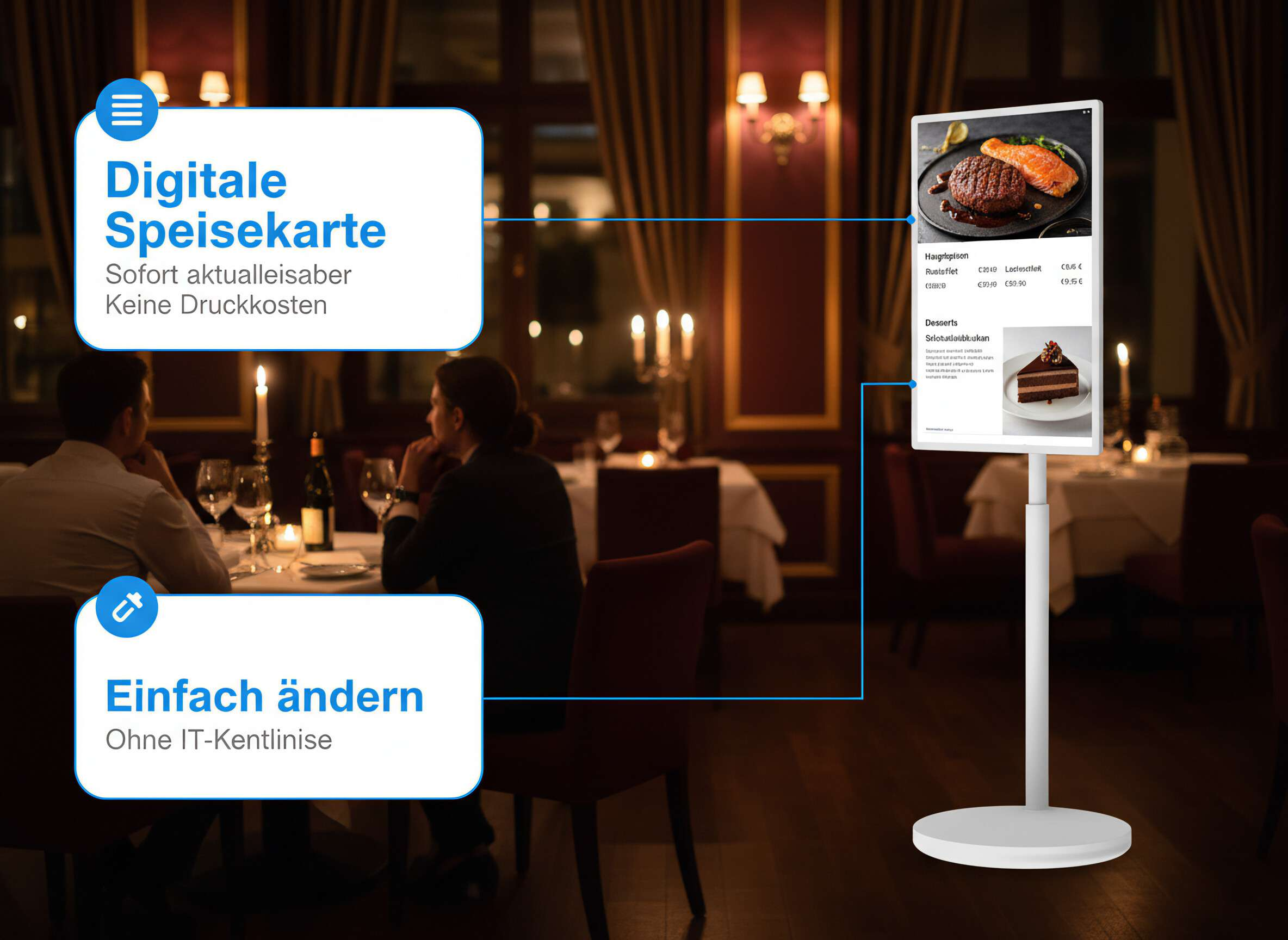 Digitale Speisekarte auf einem Standfuß im Restaurant mit Essensbildern.