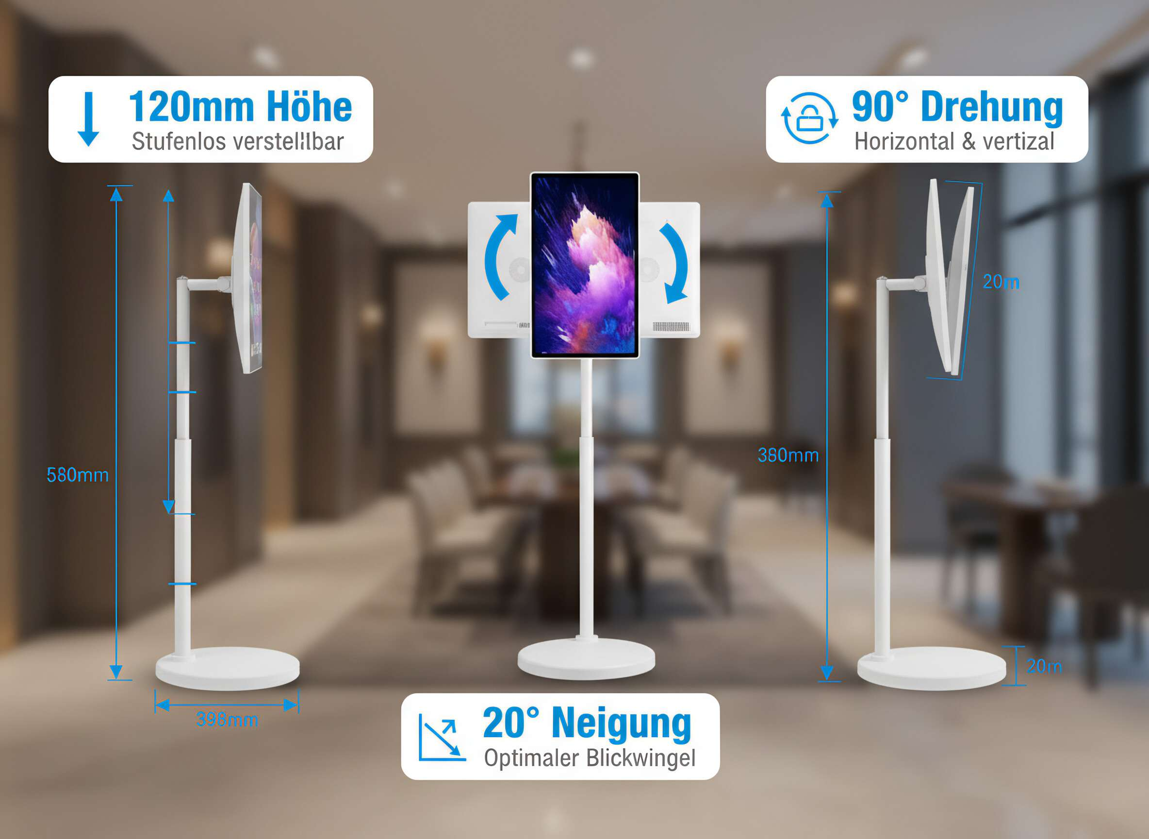 Ein weißer Ständer mit verstellbarer Höhe, Drehung und Neigung.
