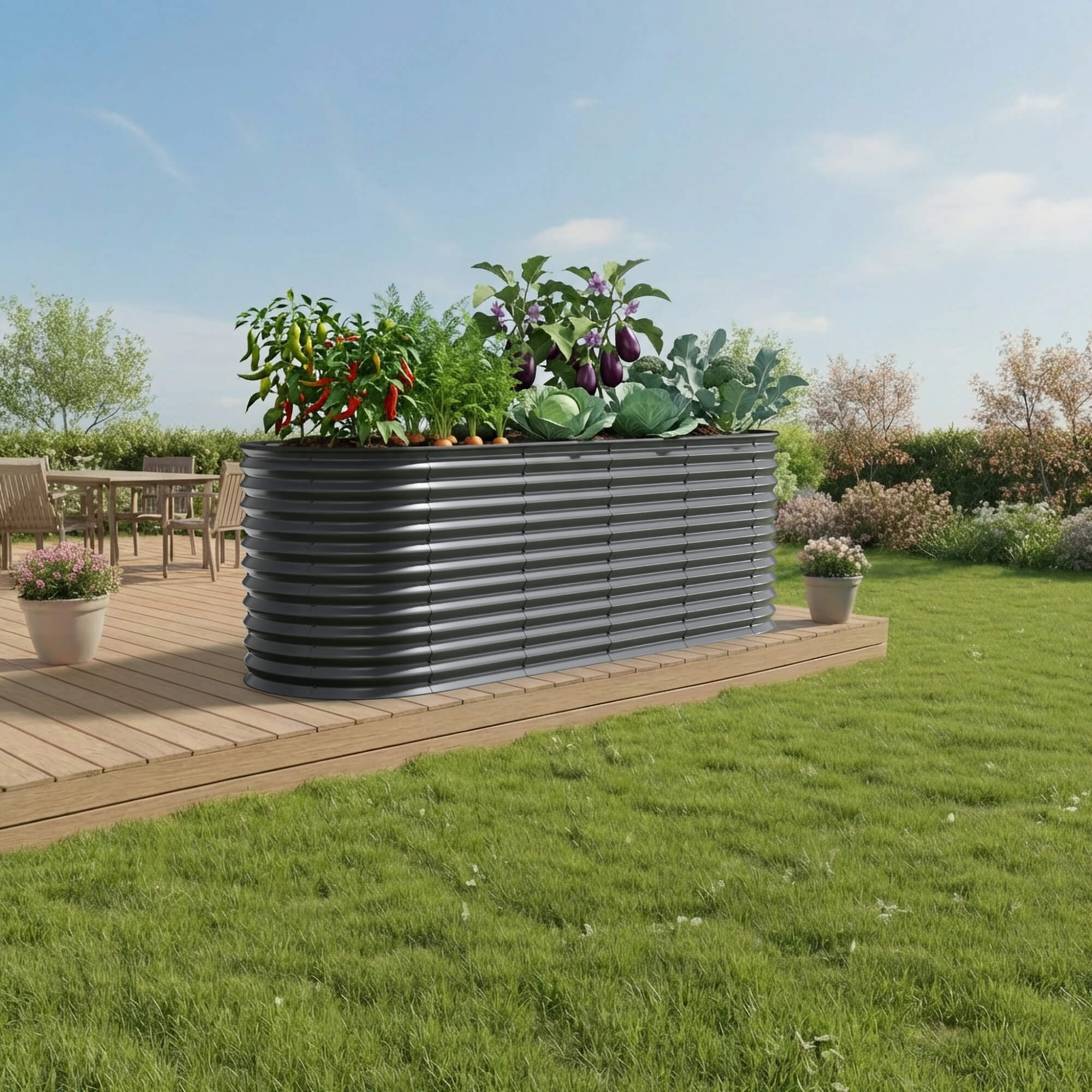 Ein Hochbeet aus grauem Metall mit Gemüse auf einer Holzterrasse.