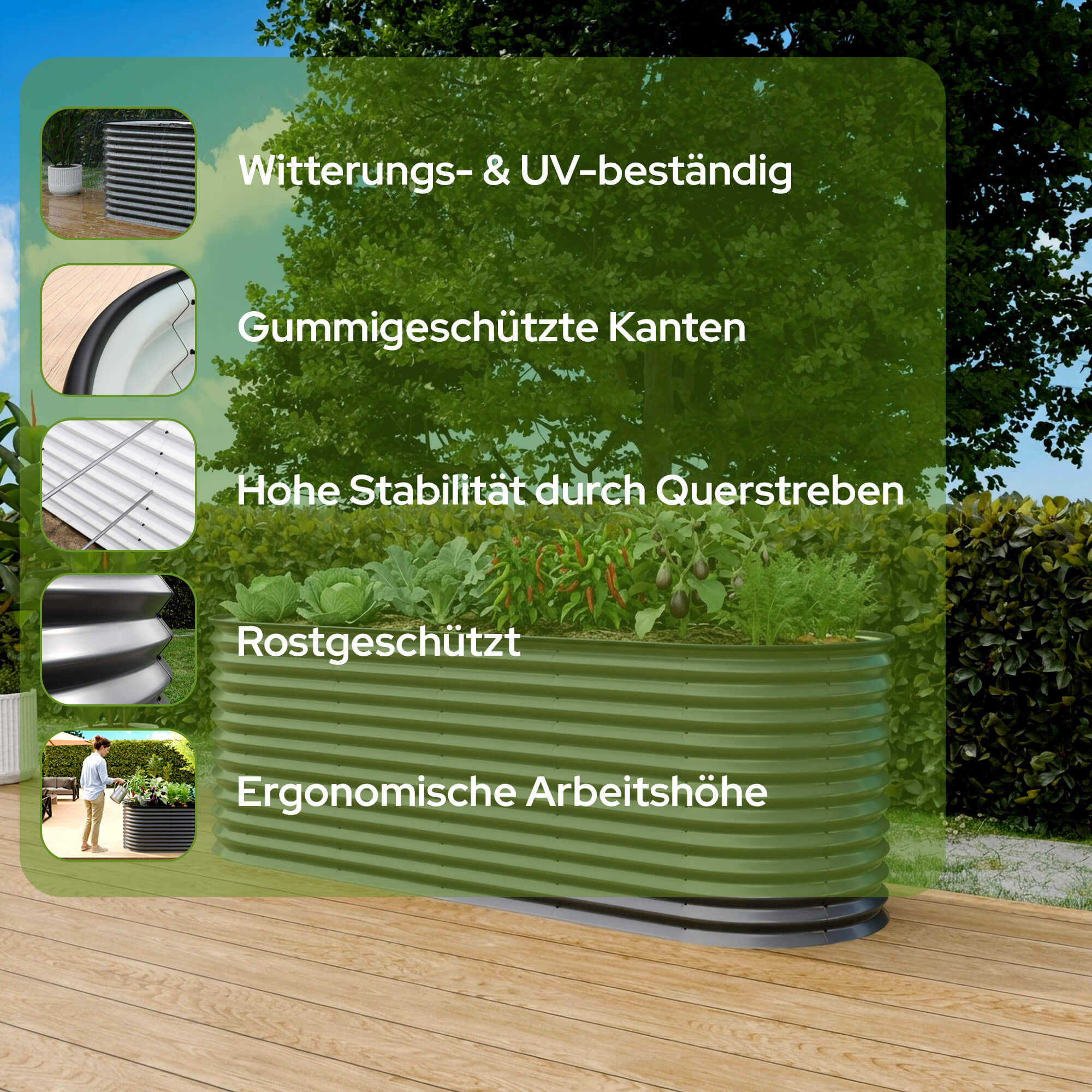 Hochbeet mit Gemüse, wetterfest, Gummikanten, stabil, rostgeschützt, ergonomisch.