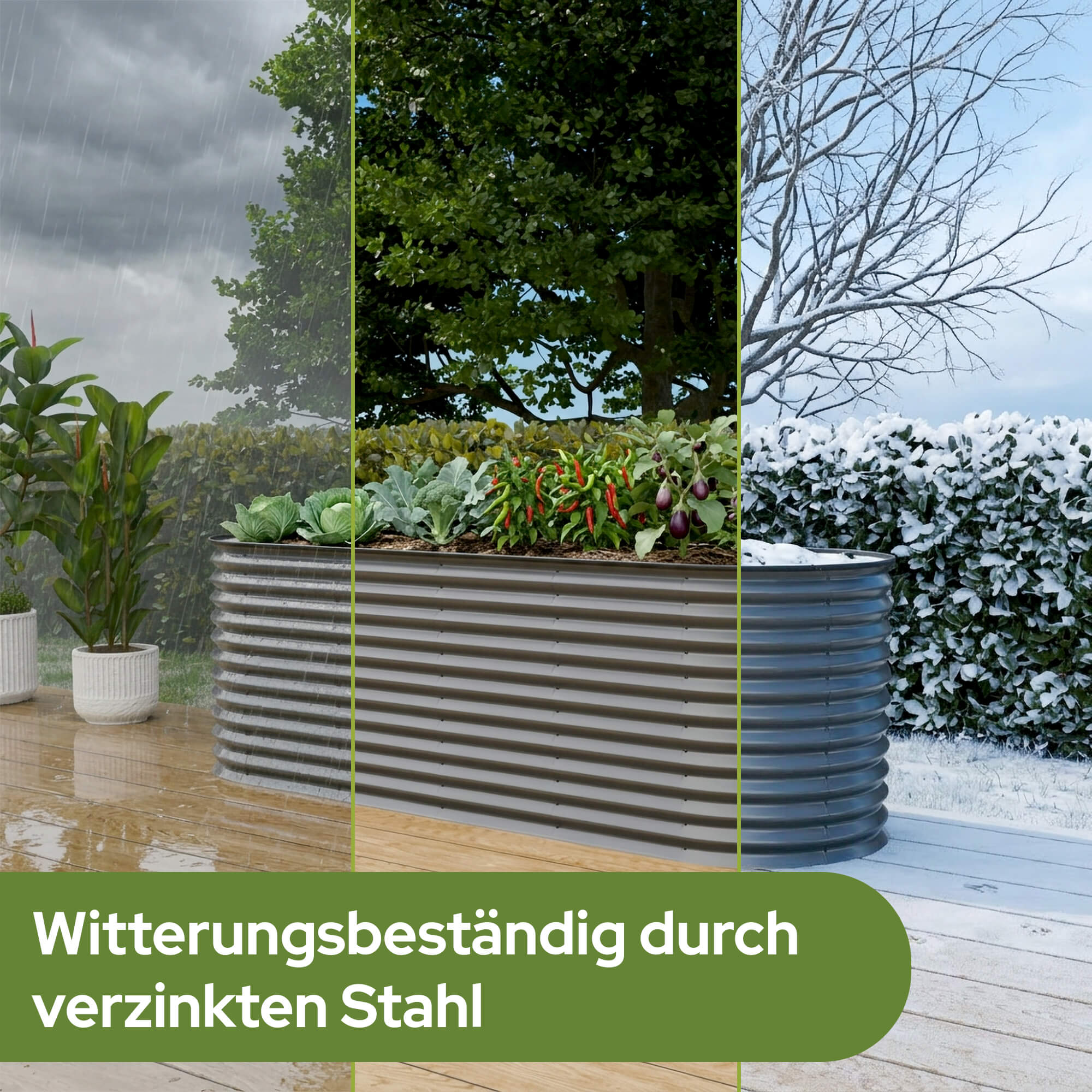 Hochbeet in verschiedenen Jahreszeiten: Regen, Sommer und Schnee. Mit Text.