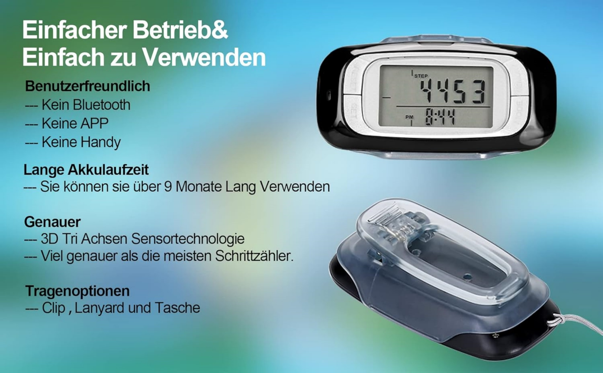 Ein schwarzer Schrittzähler mit Display und Clip-Halterung.