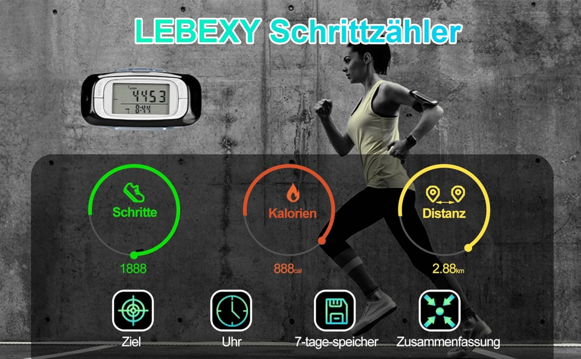 LEBEXY Schrittzähler: Läuferin, Schritt-, Kalorien-, Distanzanzeige.