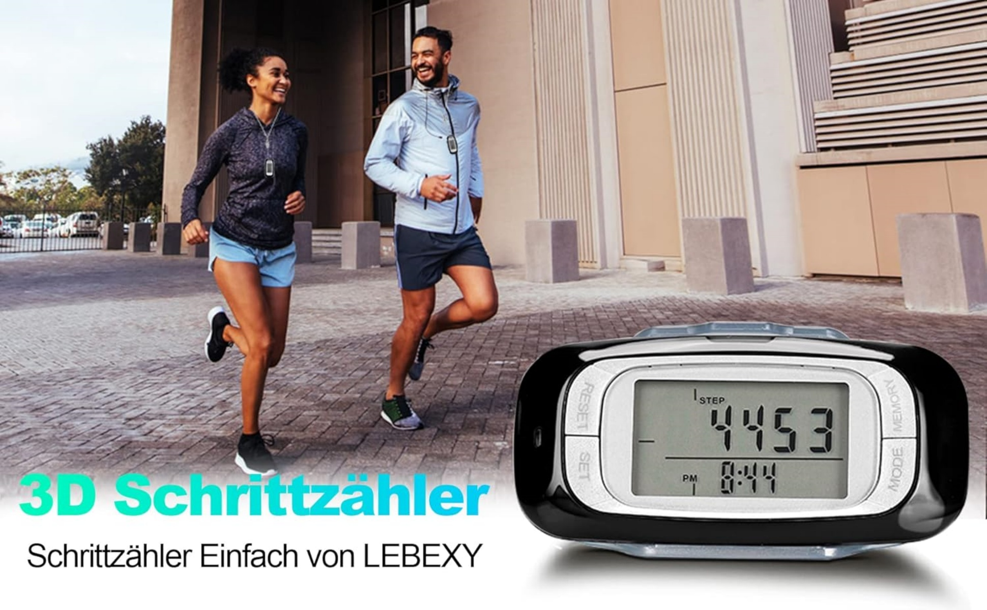 Mann und Frau joggen; Schrittzähler im Vordergrund.