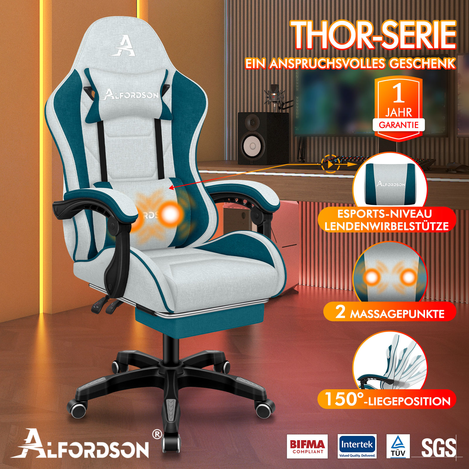 Ein weiß-blauer Gaming-Stuhl mit Lordosenstütze und Massagefunktion.