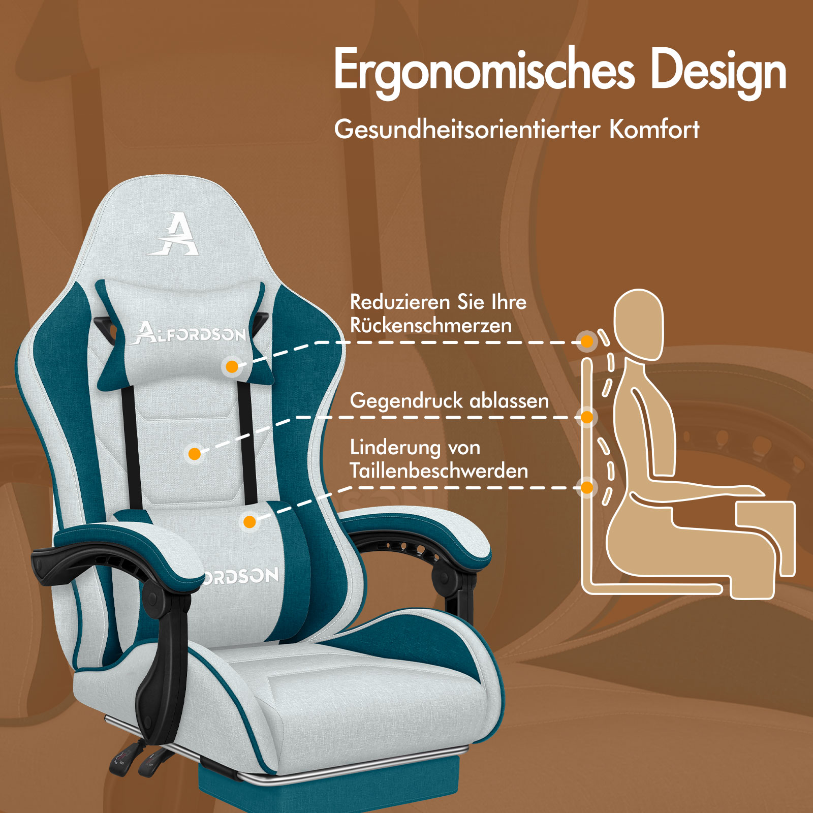 Ein weißer und türkiser Bürostuhl mit ergonomischem Design und Komfort.