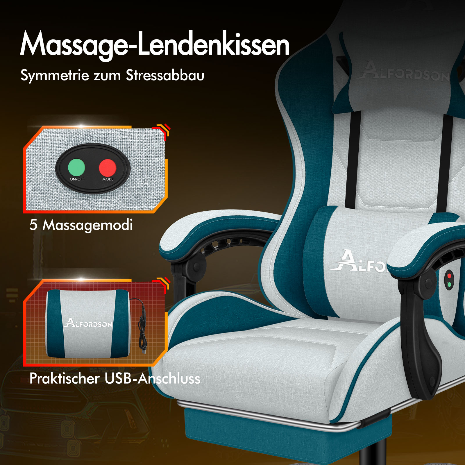 Ein weißer und türkisfarbener Massagesessel mit einem Kissen und Bedienelementen.