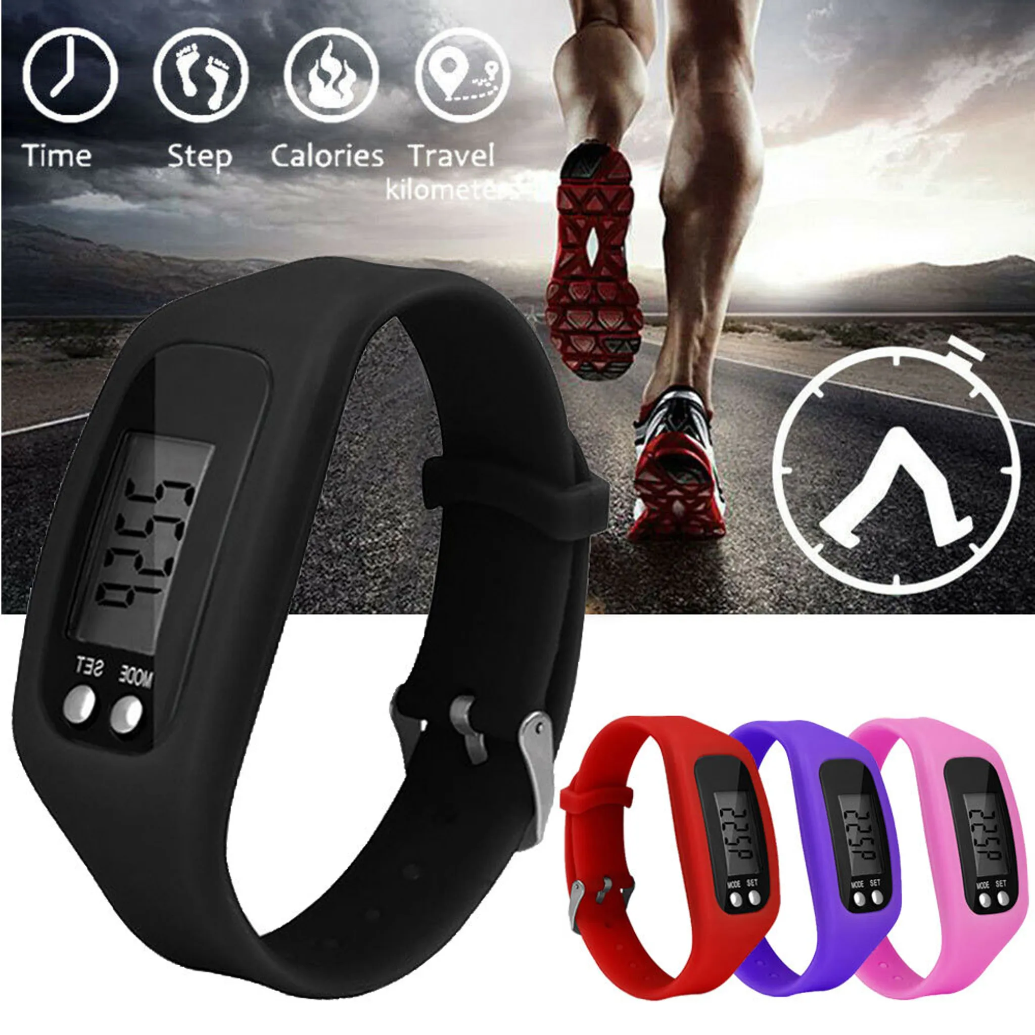 Fitness-Tracker in Schwarz, Rot, Lila und Pink neben einem Läufer auf einer Straße.