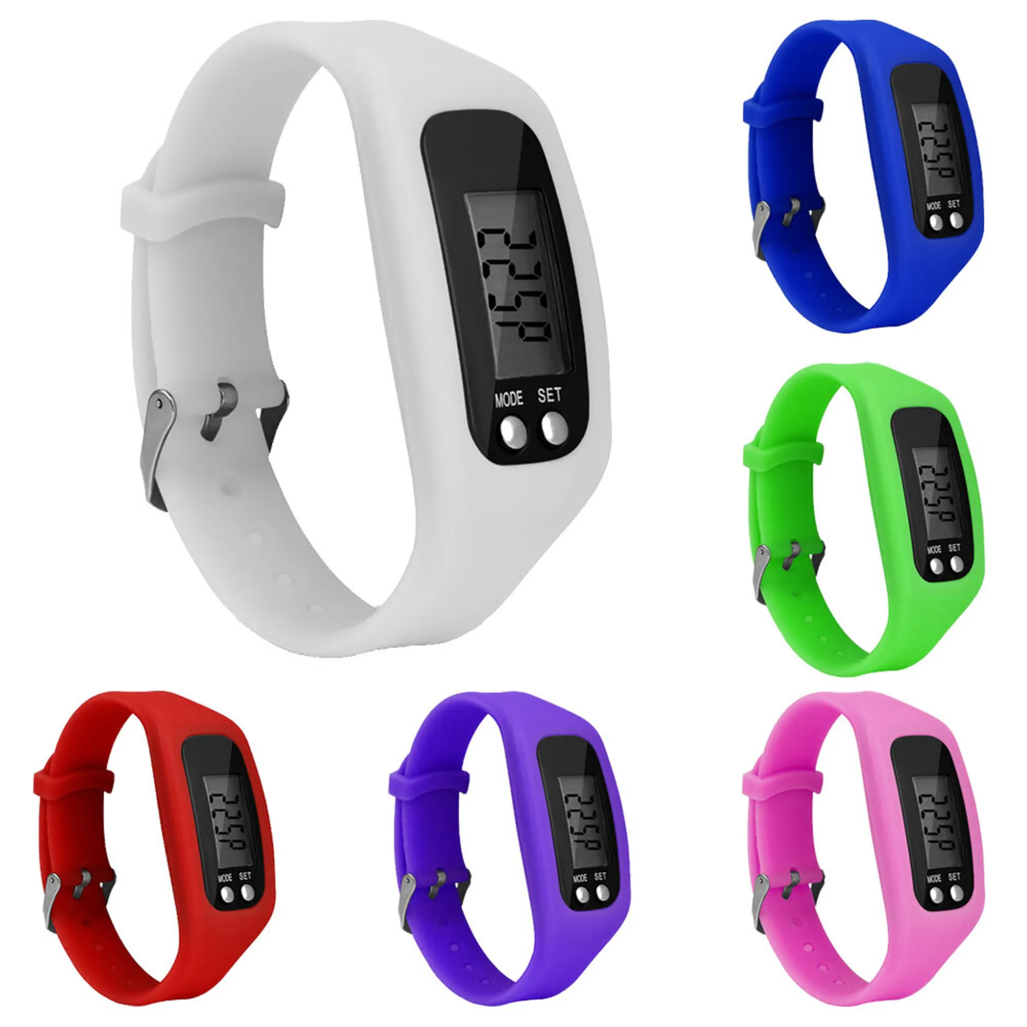 Sechs digitale Armbanduhren in verschiedenen Farben: Weiß, Blau, Grün, Rot, Lila und Pink.