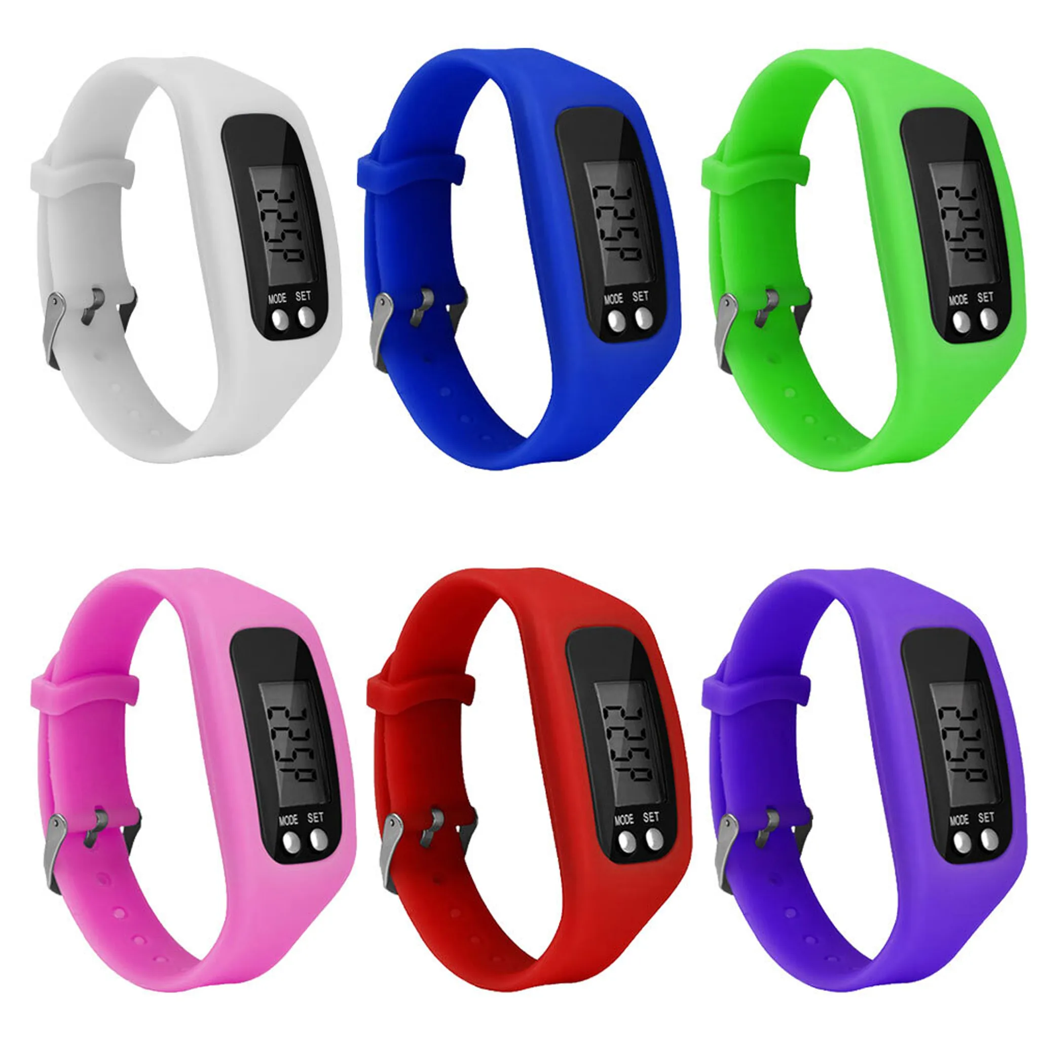 Sechs digitale Armbanduhren in verschiedenen Farben: weiß, blau, grün, rosa, rot und lila.