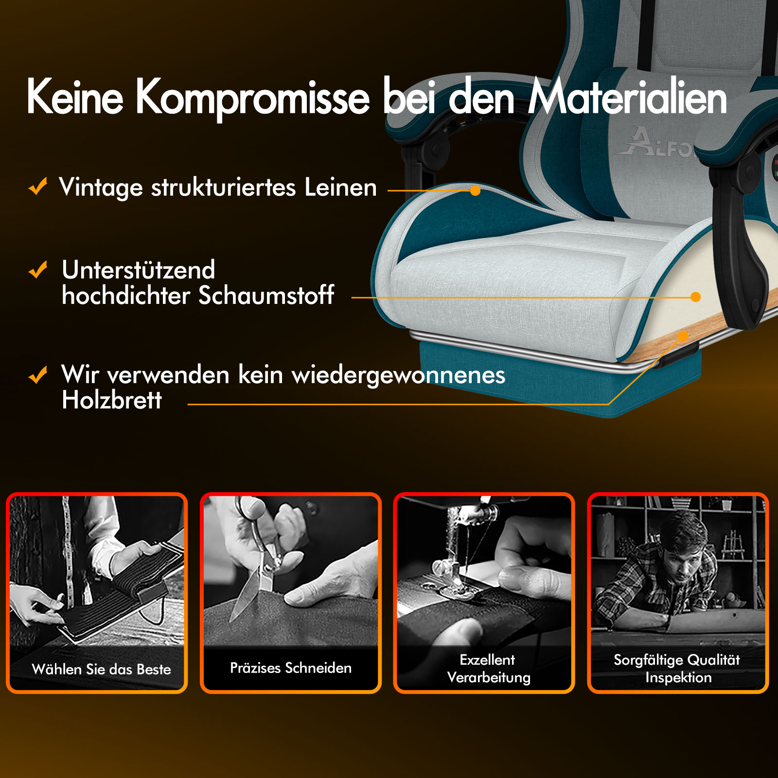 Gaming-Stuhl mit detaillierten Materialien: Leinen, Schaumstoff, kein recyceltes Holz.