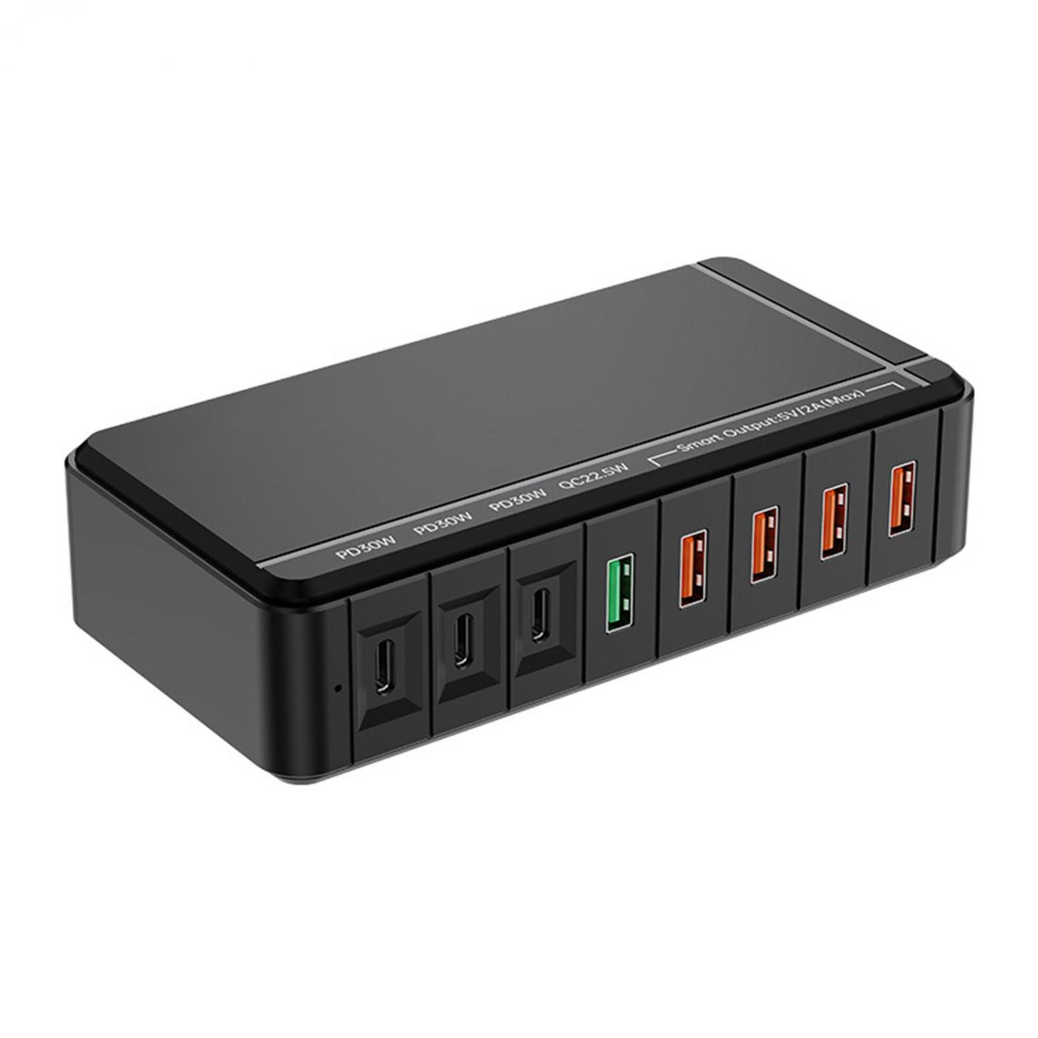 Schwarzer Ladeständer mit mehreren USB-Anschlüssen und PD/QC-Beschriftungen.