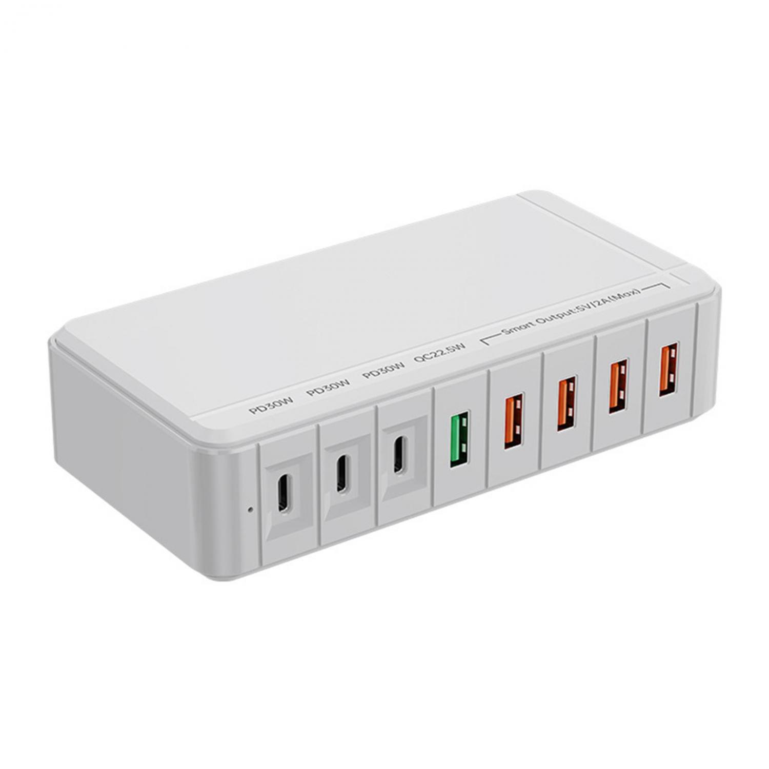 Ein weißes Ladegerät mit mehreren USB-Anschlüssen und Beschriftungen.