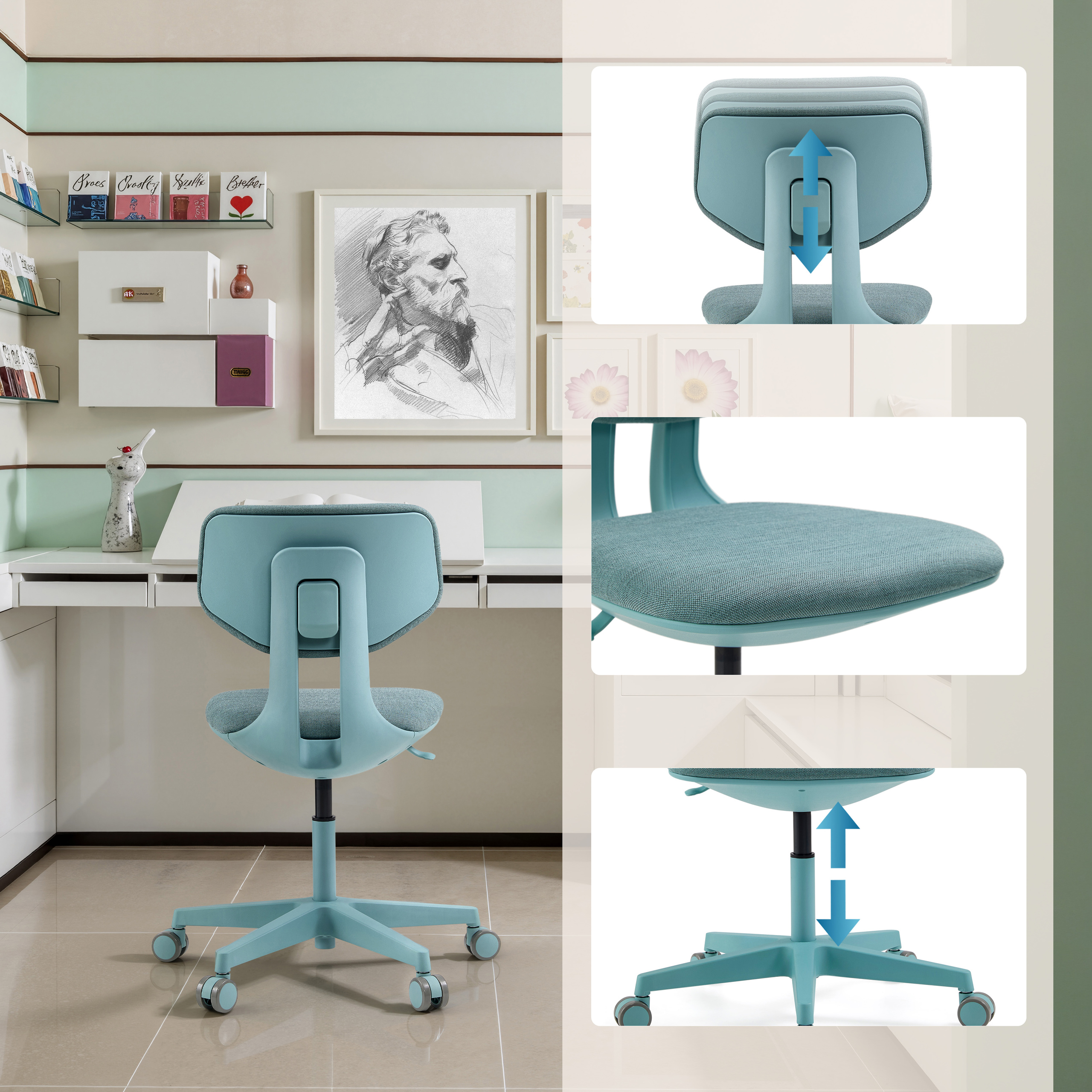 Ein blauer Bürostuhl mit verstellbarer Rückenlehne und Rädern steht auf einem hellen Boden.
