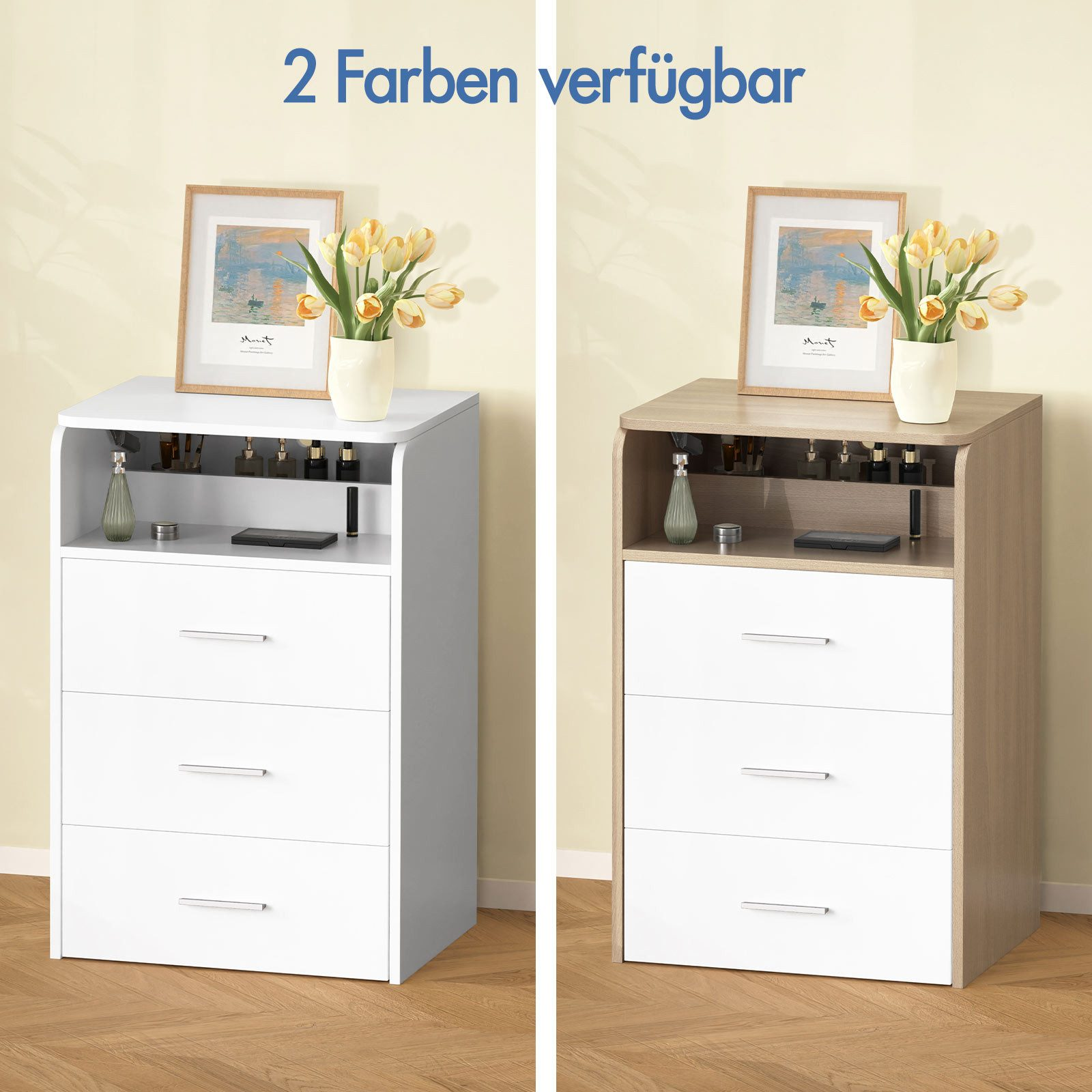 Zwei Kommoden nebeneinander: eine weiße, eine in Holzoptik. Beide mit drei Schubladen.