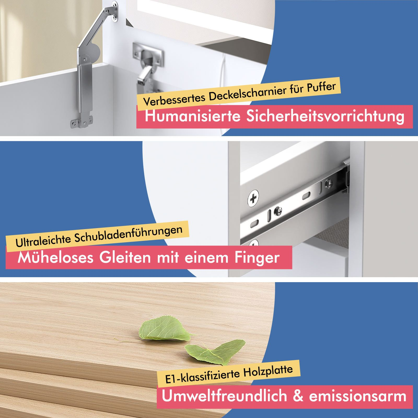 Scharniere, Schubladenführungen und Holzplatte werden gezeigt.