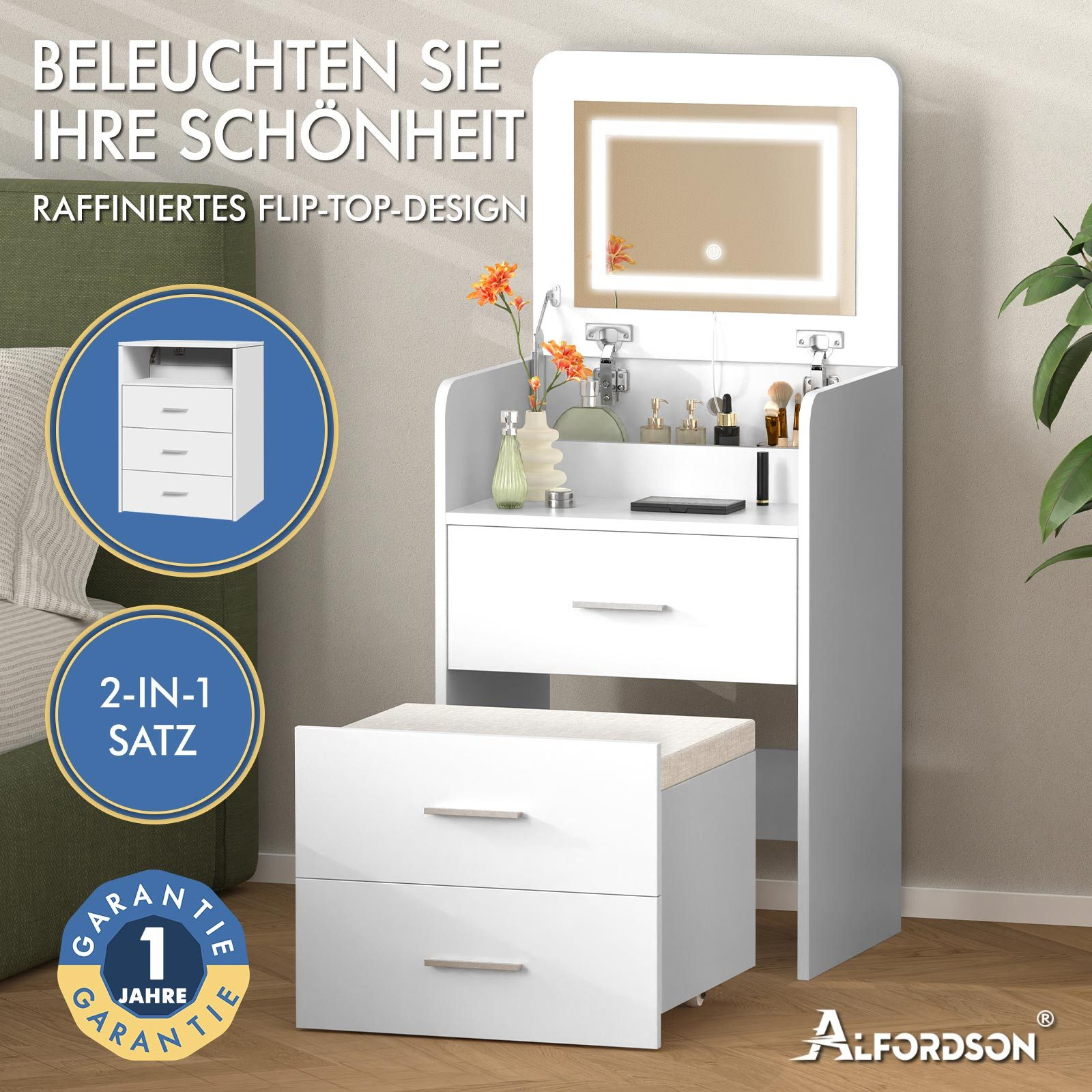 Ein weißer Schminktisch mit beleuchtetem Spiegel und Kosmetik. Mit Garantie-Siegel.