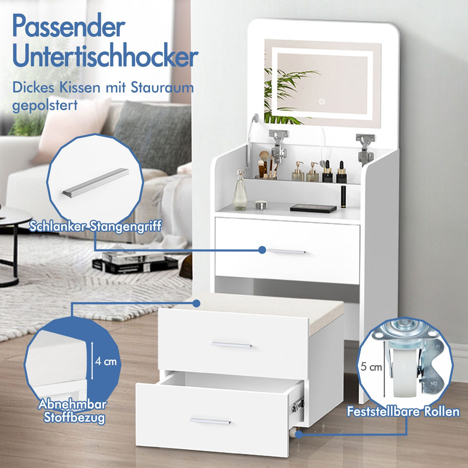 Weißer Schminktisch mit Spiegel und Hocker. Enthält Kosmetik und Schubladen.