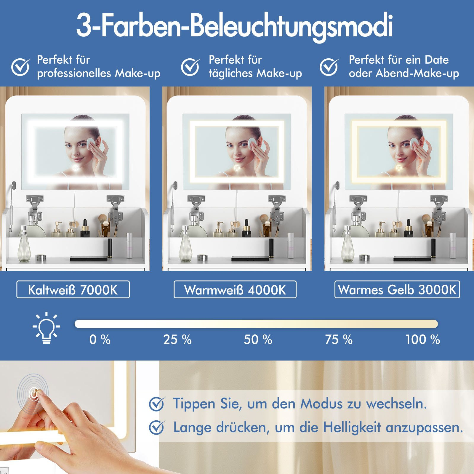 Drei Make-up-Lichtmodi: Kaltweiß, Warmweiß, Gelb. Helligkeit einstellbar.