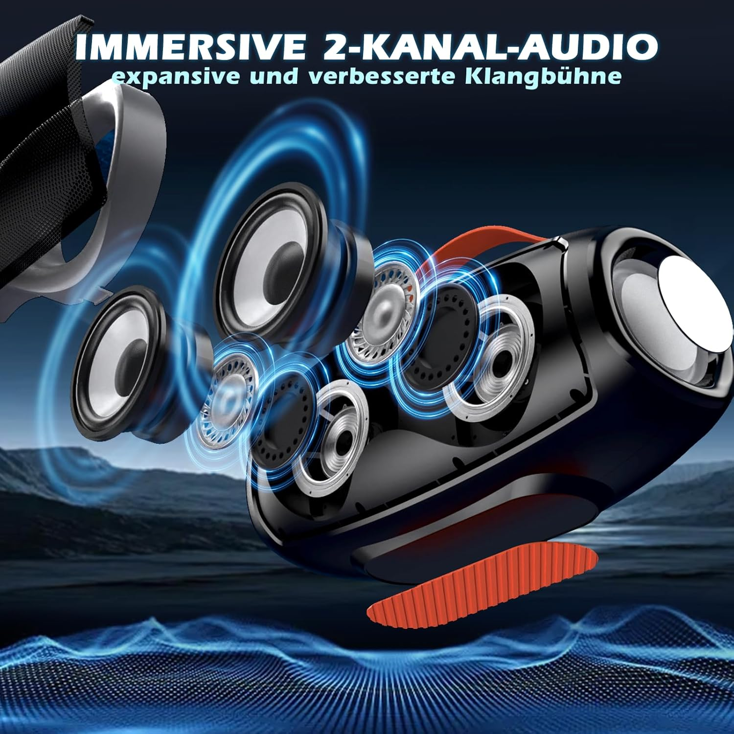 Głośniki z niebieskimi falami dźwiękowymi przed krajobrazem górskim.