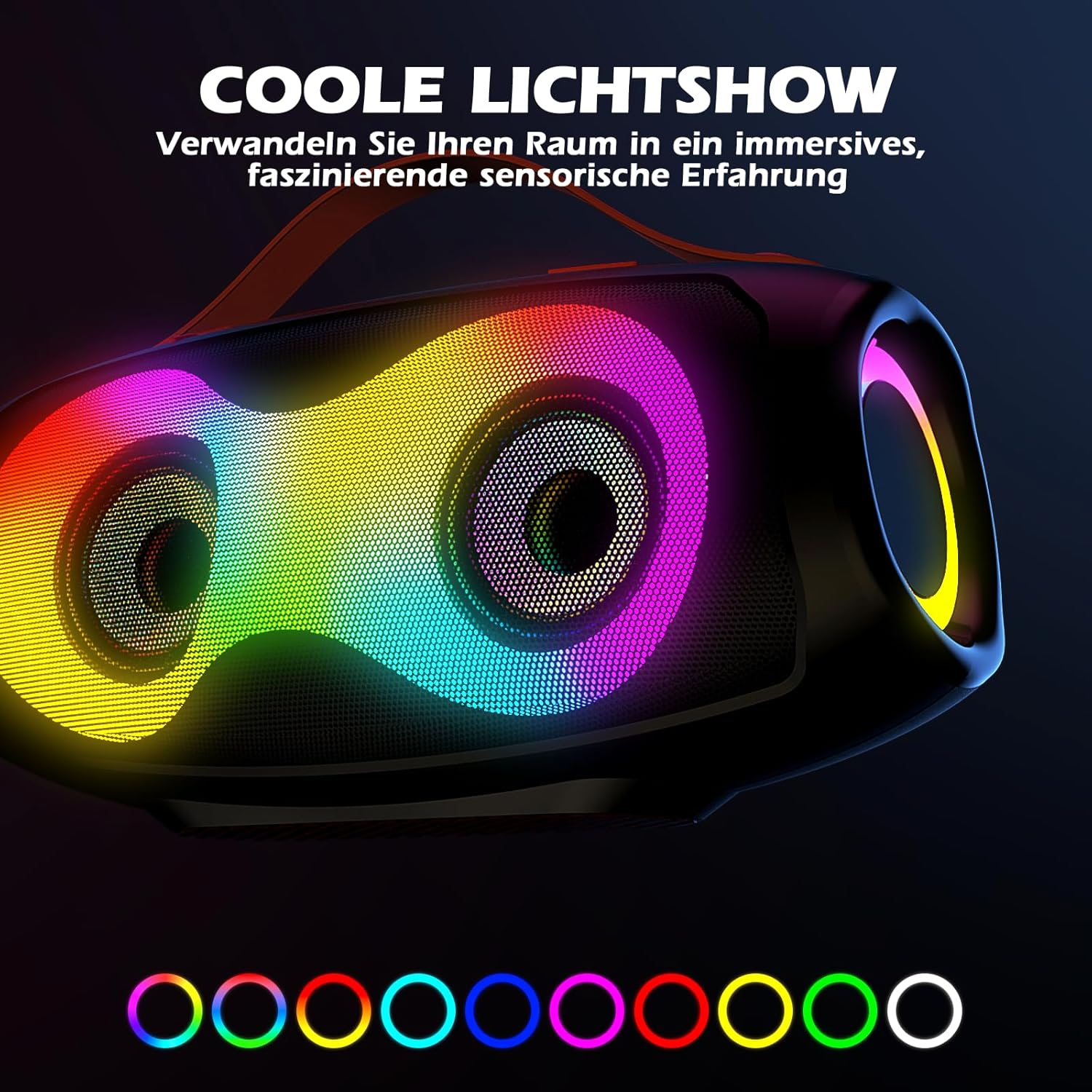 Przenośny głośnik z kolorowymi światłami LED pulsującymi do muzyki.