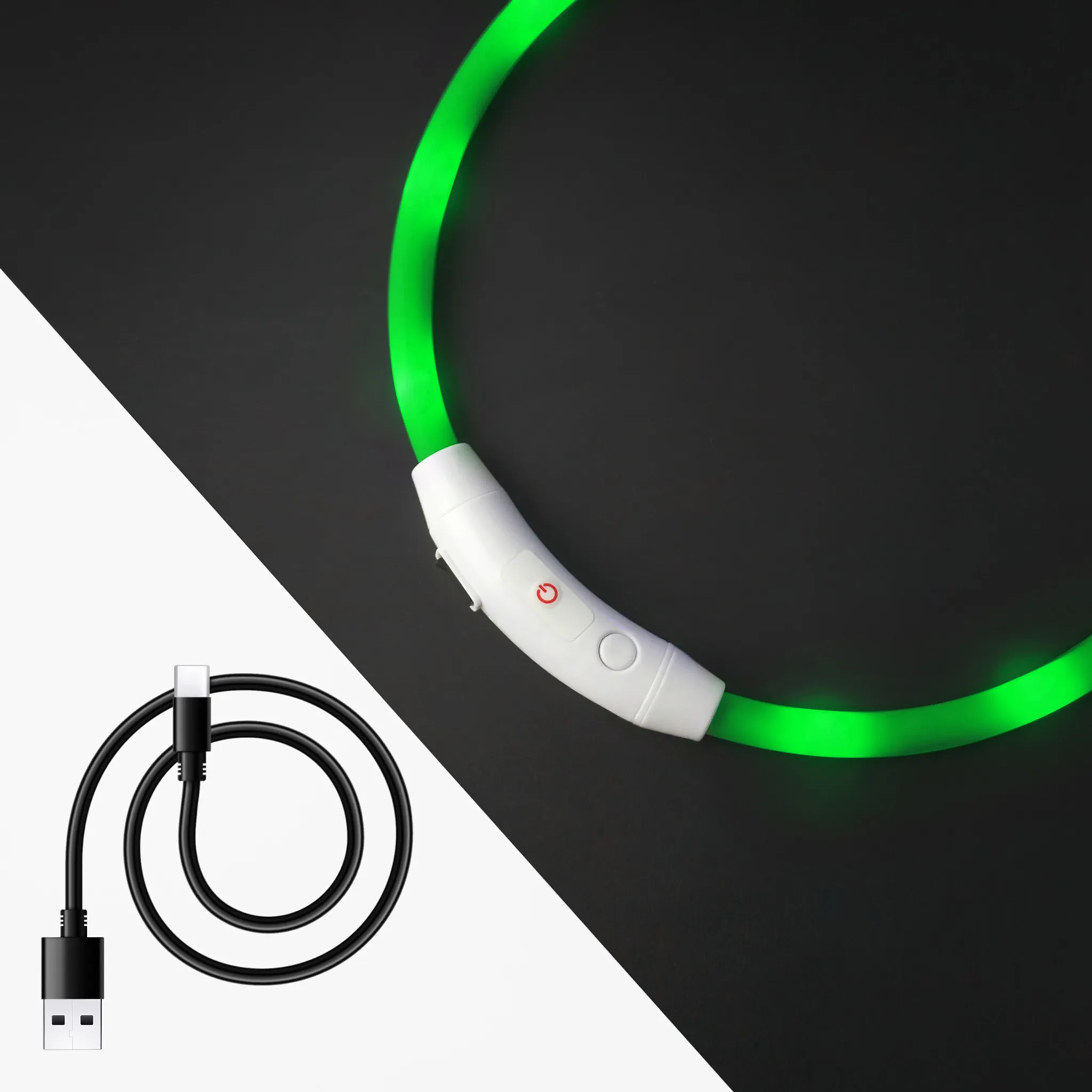 Ein leuchtender grüner Halsband mit USB-Kabel auf schwarzem und weißem Hintergrund.