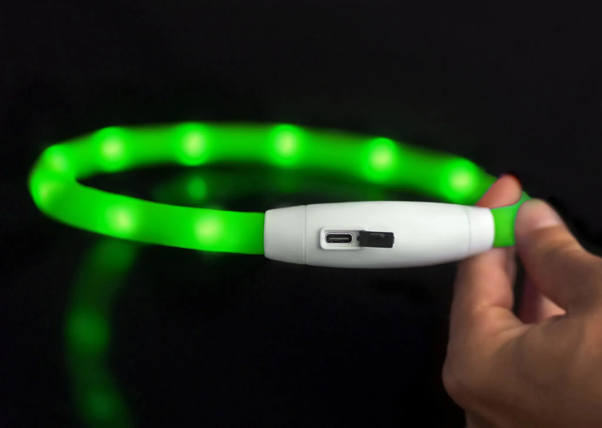 Grünes LED-Halsband mit weißem Griff und USB-Anschluss
