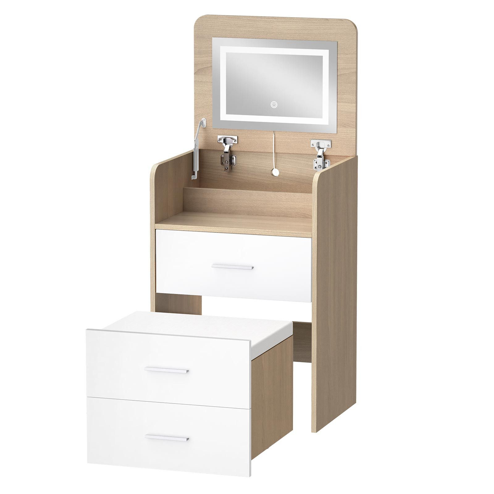 Schminktisch mit beleuchtetem Spiegel, Schubladen und Hocker in Holz und Weiß.