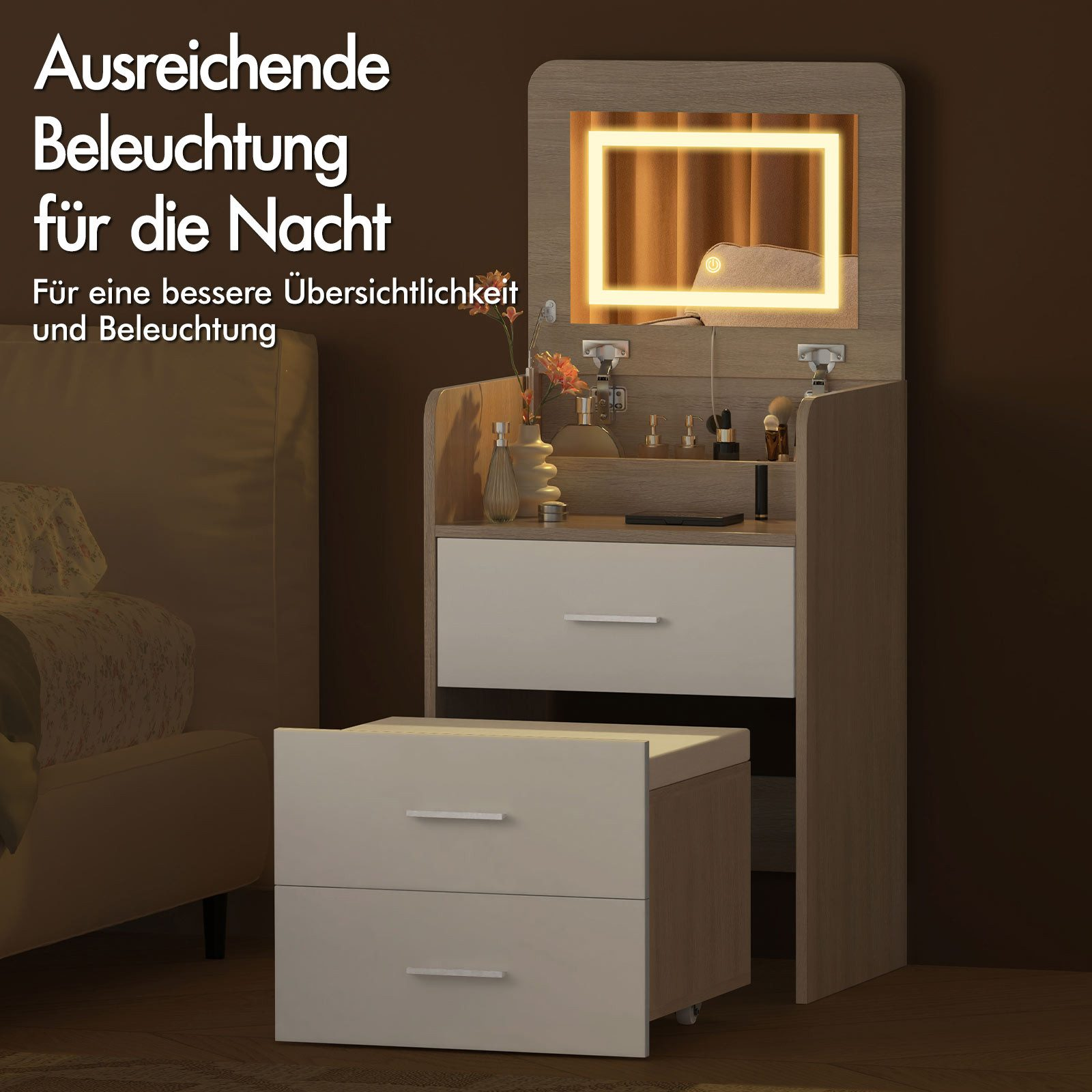 Schminktisch mit beleuchtetem Spiegel, Schubladen und einem Hocker im Schlafzimmer.