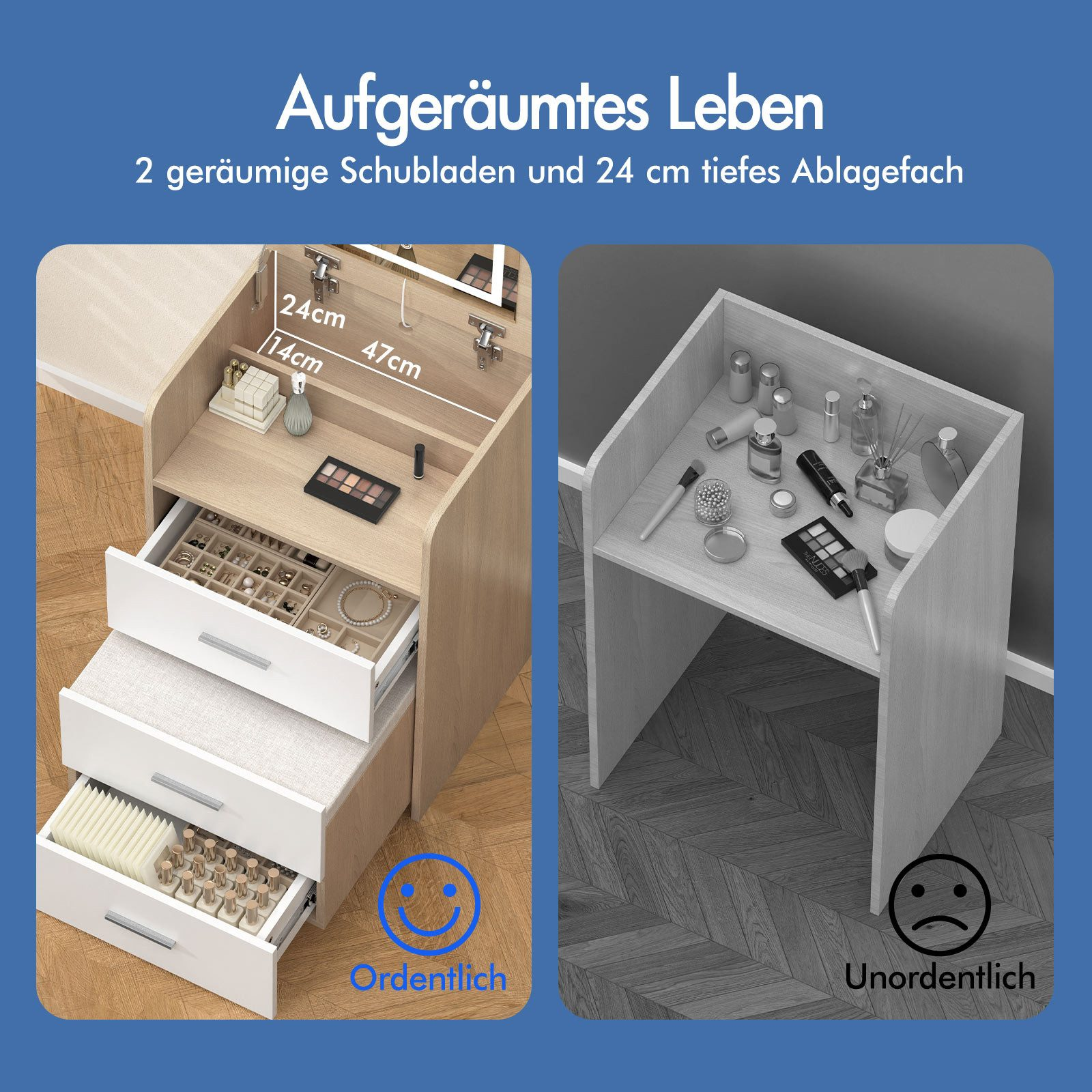 Ordentlicher Schminktisch mit organisierten Schubladen und unordentlicher Tisch daneben.
