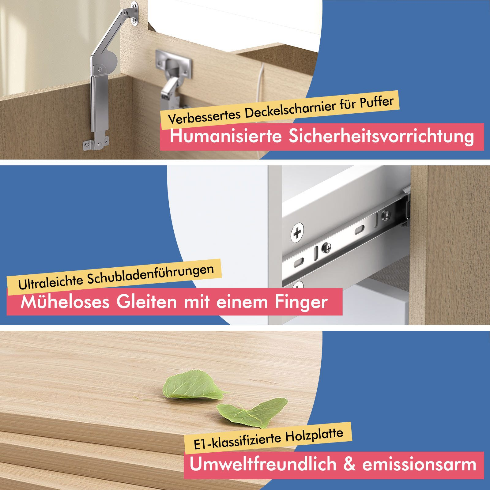 Metallscharnier, Schubladenführung, Holzplatte mit Blättern. Produktmerkmale.