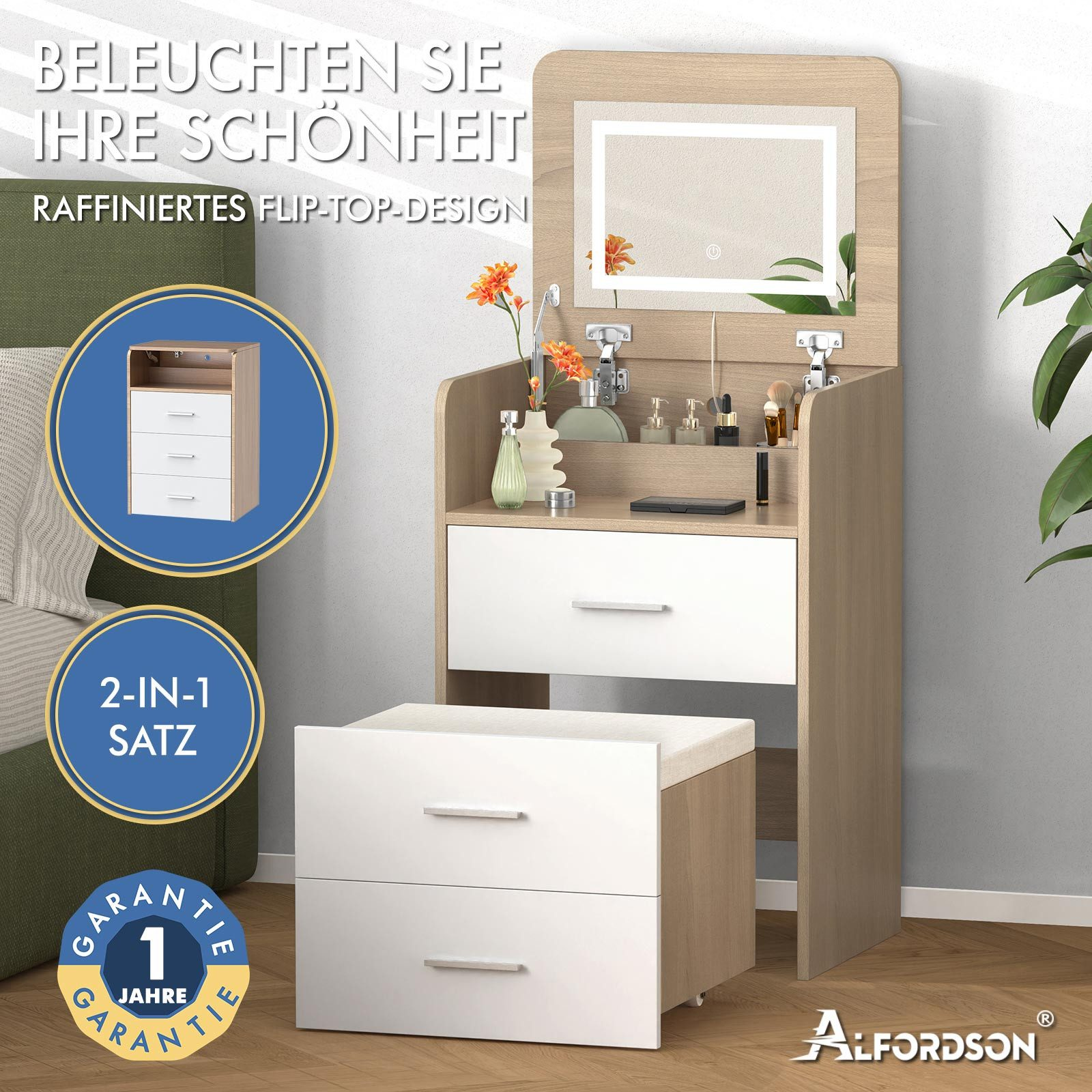 Ein Schminktisch mit beleuchtetem Spiegel, Schubladen und Hocker.