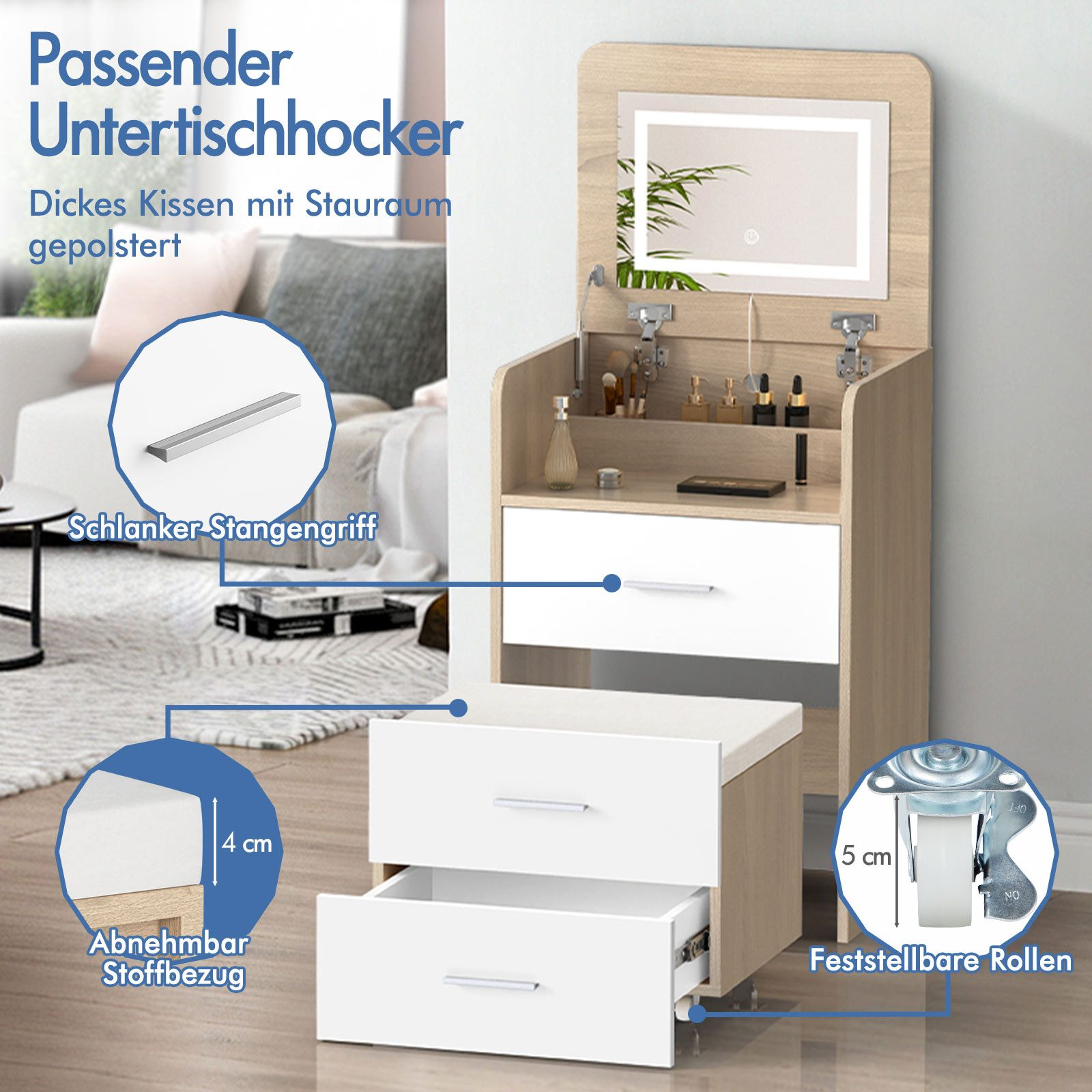 Ein Schminktisch mit beleuchtetem Spiegel, Schubladen und einem Hocker mit Rollen.