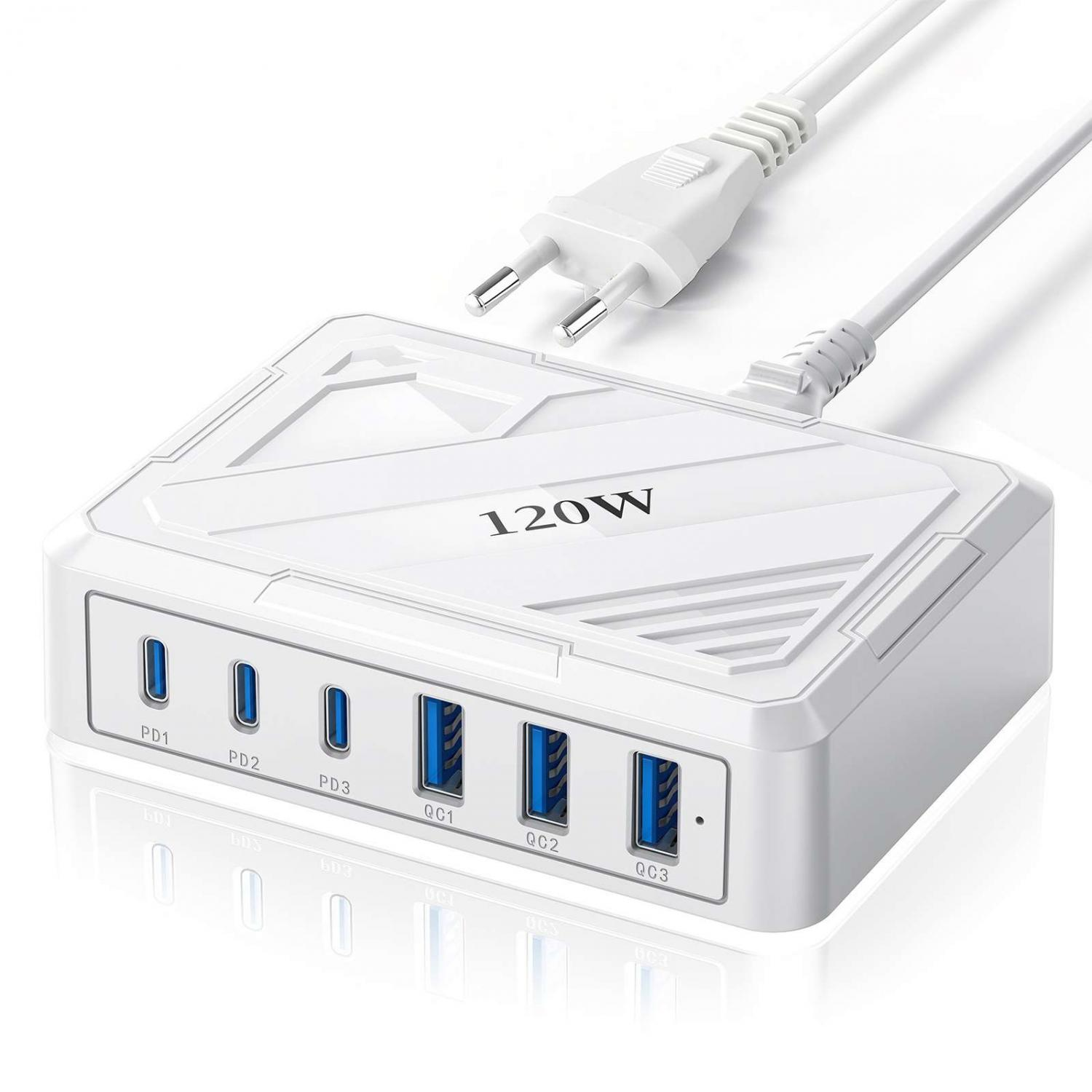 Ein weißes 120W Ladegerät mit 3 PD- und 3 QC-Anschlüssen und einem weißen Kabel.