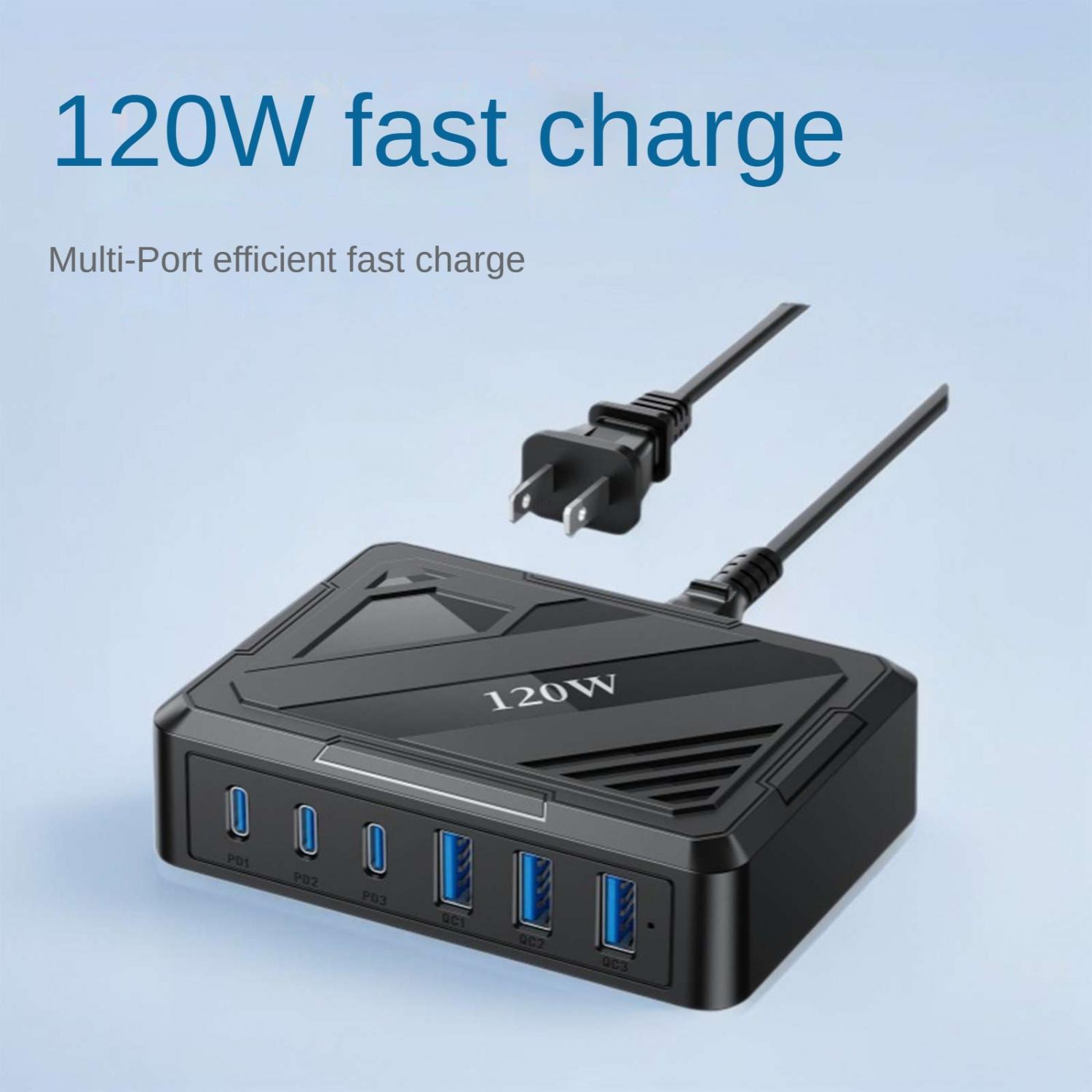 Schwarzes 120W-Ladegerät mit mehreren Anschlüssen, USB- und PD-Anschlüssen und Netzkabel.