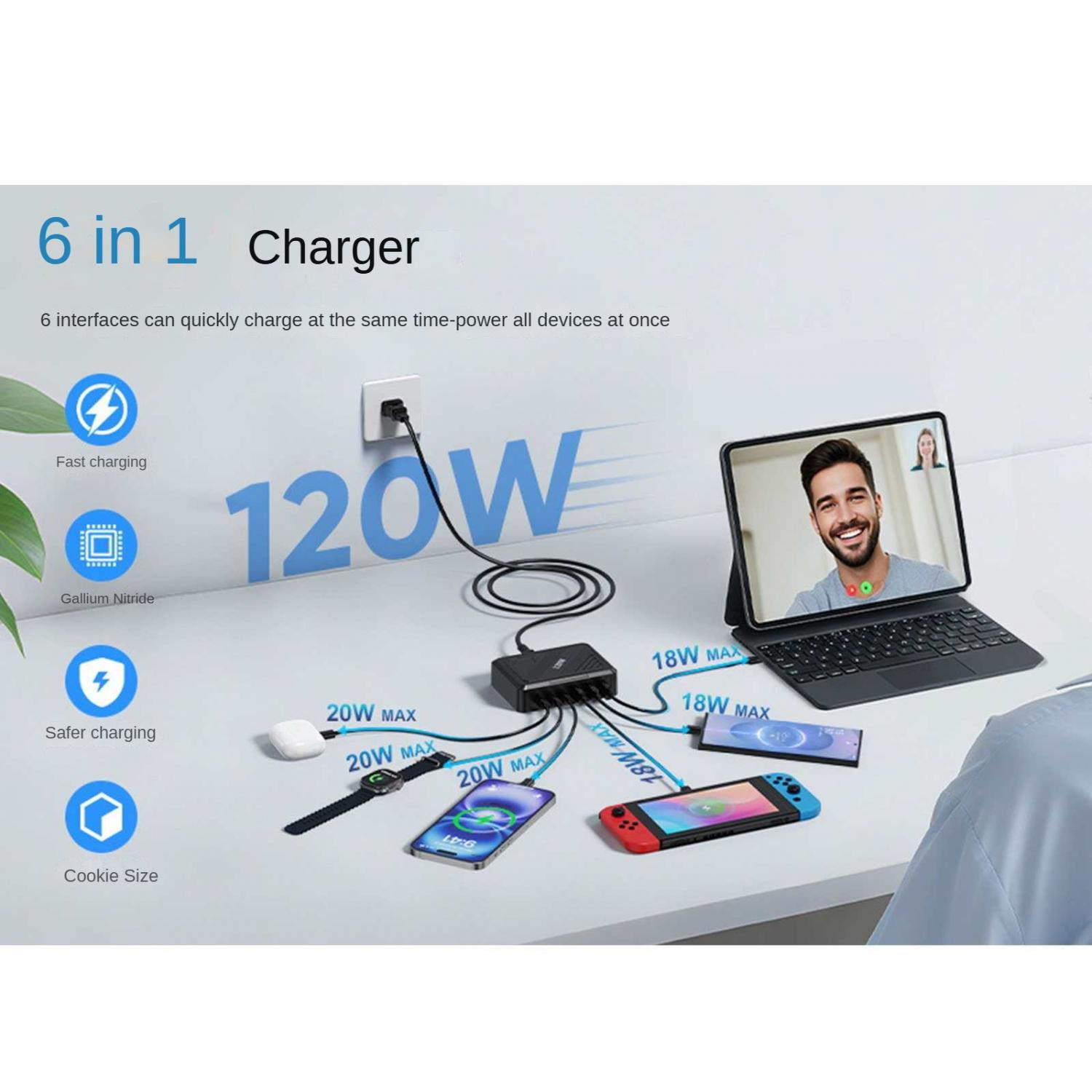 Ein 6-in-1-Ladegerät versorgt mehrere Geräte: Telefon, Uhr, Ohrhörer, Tablet, Switch und mehr.
